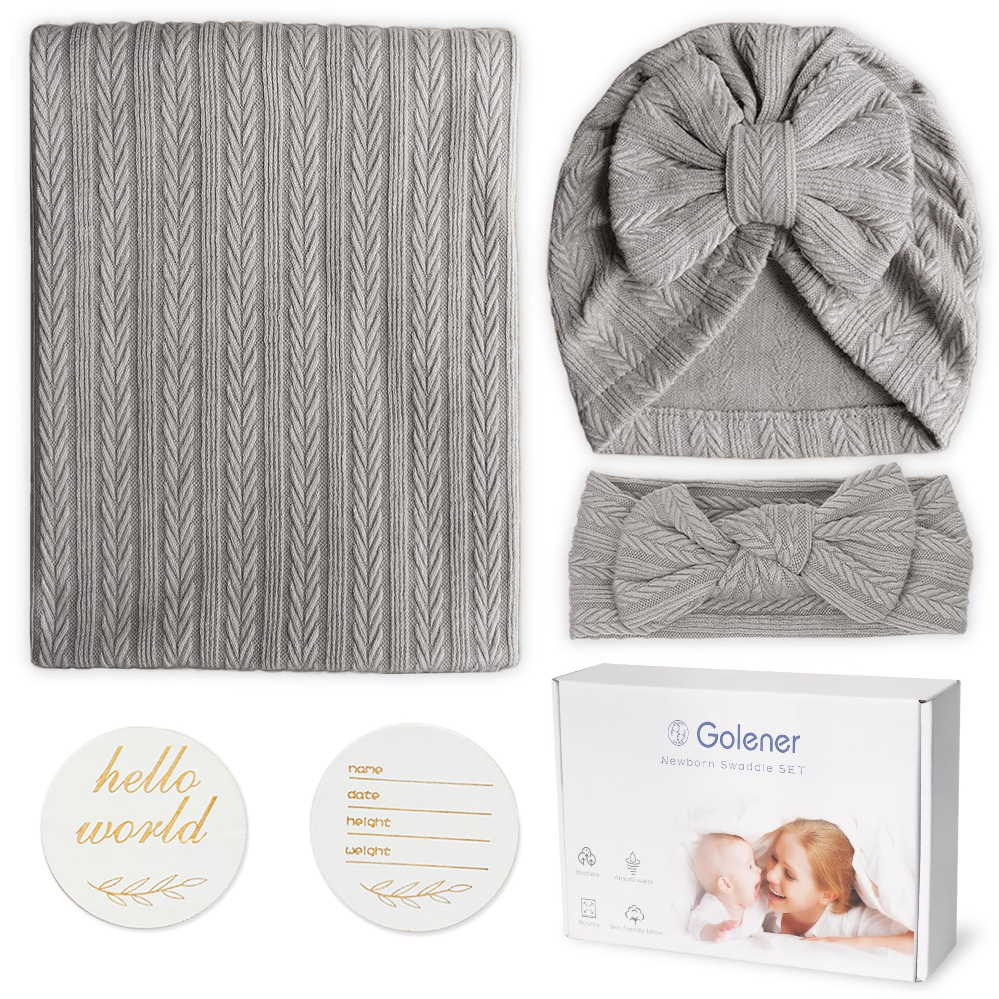 5PCS Baby Security Blankets - Soft Adjustable Wearable Swaddle Blankets for Newborns, 5-Piece Set with Hello World Wooden Birth Announcement Card, Perfect for Boys & Girls (Grey) - Ideal for Nursery, Swaddling, Stroller & Photo Shoots