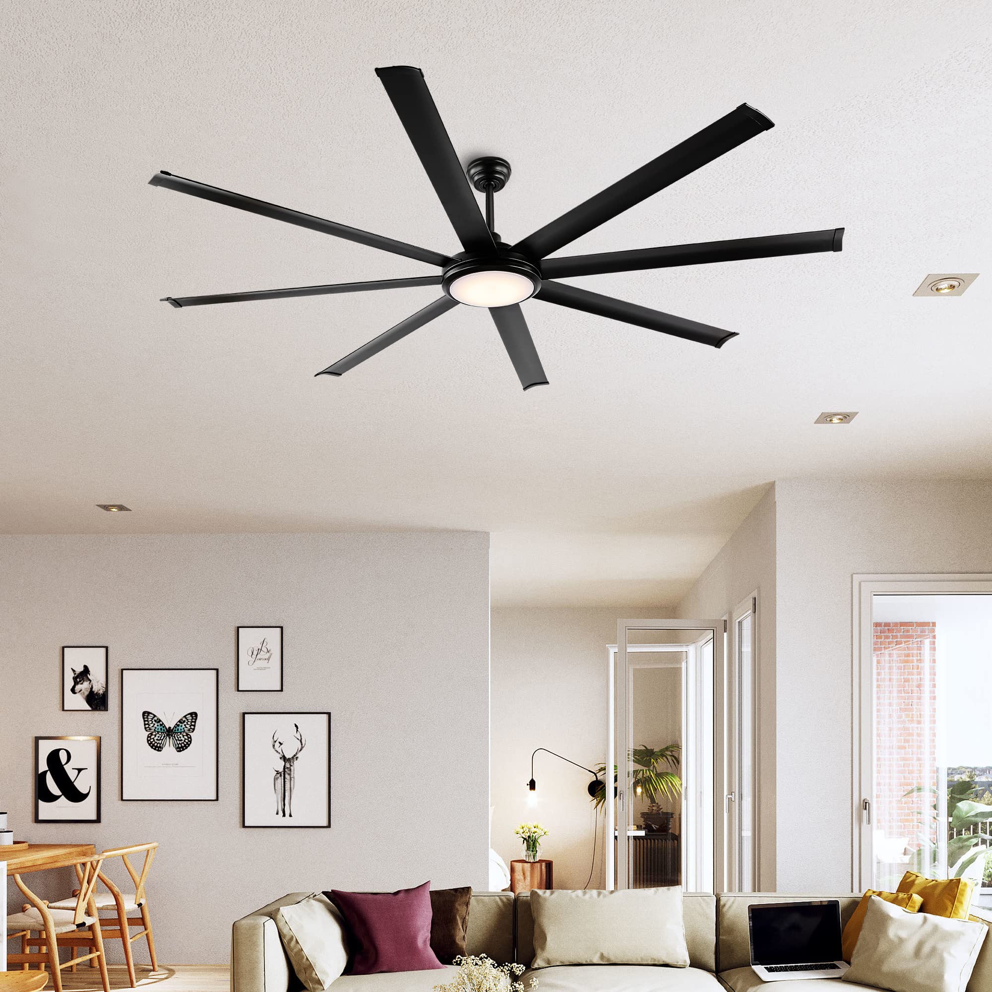 WINGBO 80 Inch Modern Ceiling Fan with Light Kit & Remote Control - Matte Black Finish, 3 Downrod Options, 8 Reversible Blades, 6-Speed Quiet DC Motor - Perfect for Kitchen, Bedroom, Living Room, Dining Room & Office Spaces