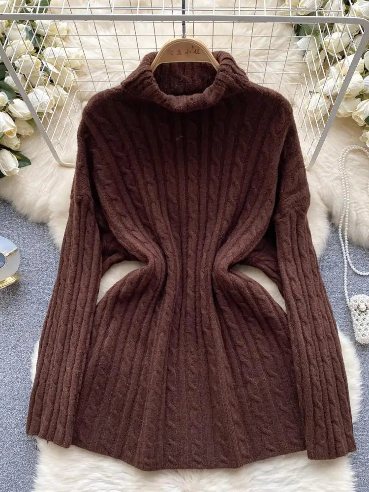 Women's Elegant High Neck Knit Sweater - Warm Winter Pullover with Long Sleeves, Loose Fit Crochet Top for Casual & Office Wear | Cozy Autumn Winter Fashion