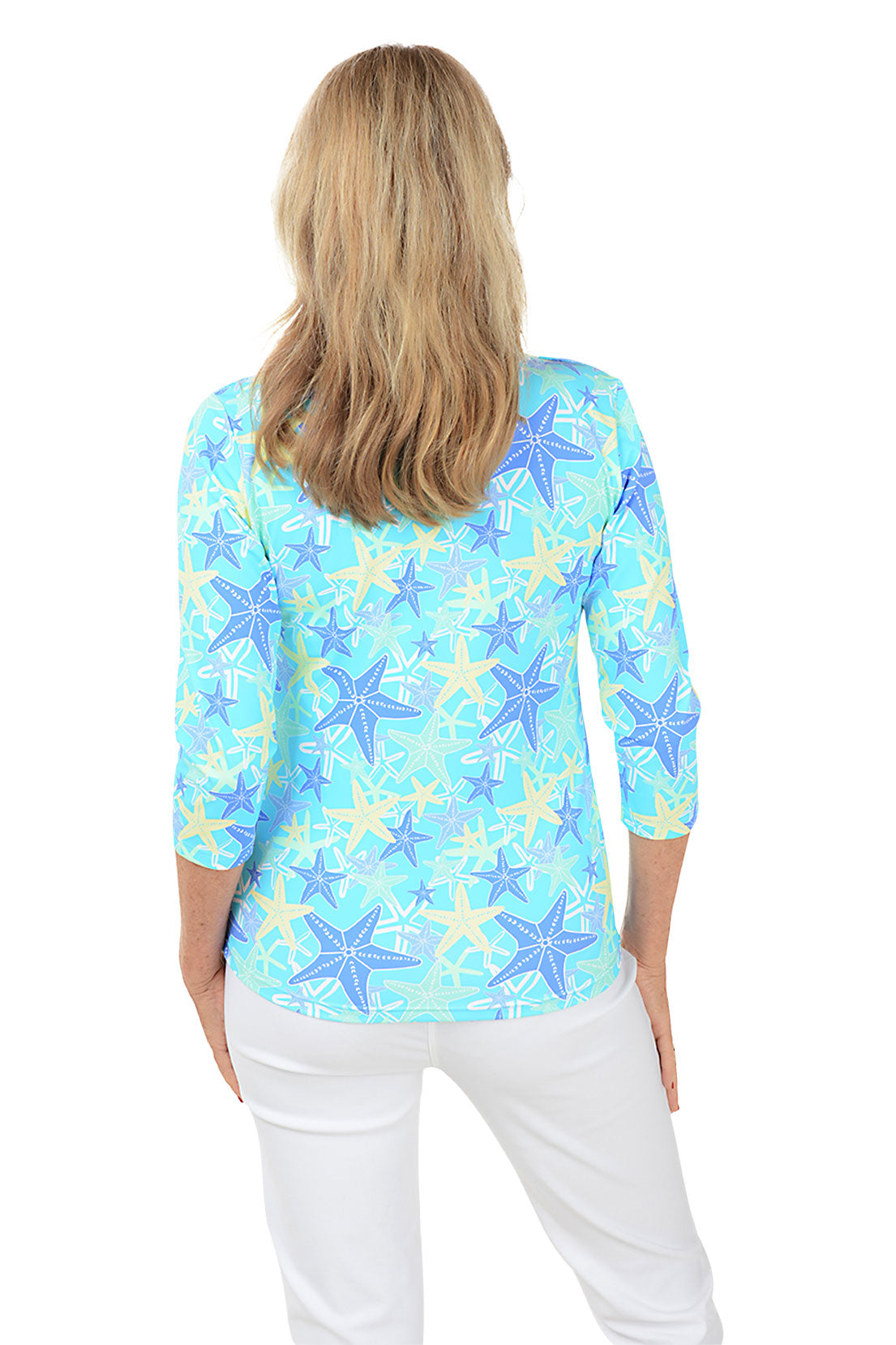 Starfish Print UPF50+ Sun Protection V-Neck Top for Women - Beachwear, Swimming, Summer Outdoor Activities