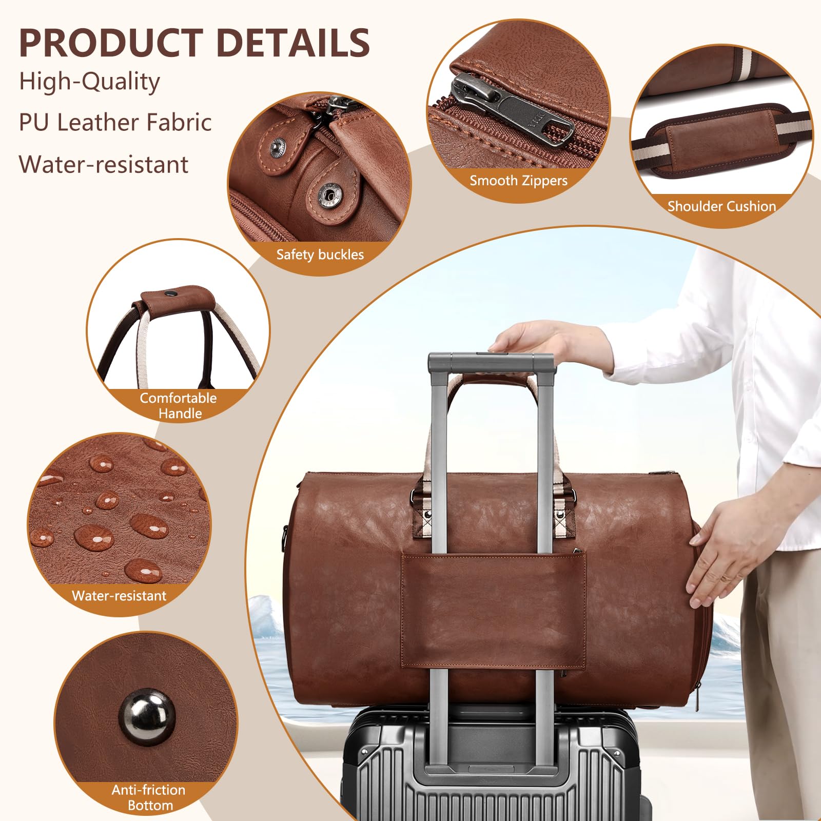 Premium Leather Garment Bag for Travel - Convertible Carry-On Duffel Bag for Men, Waterproof & Foldable 2-in-1 Suitcase with Shoulder Strap & Shoe Compartment | Perfect for Business Trips, Weekend Getaways & Airplane Carry-On Luggage