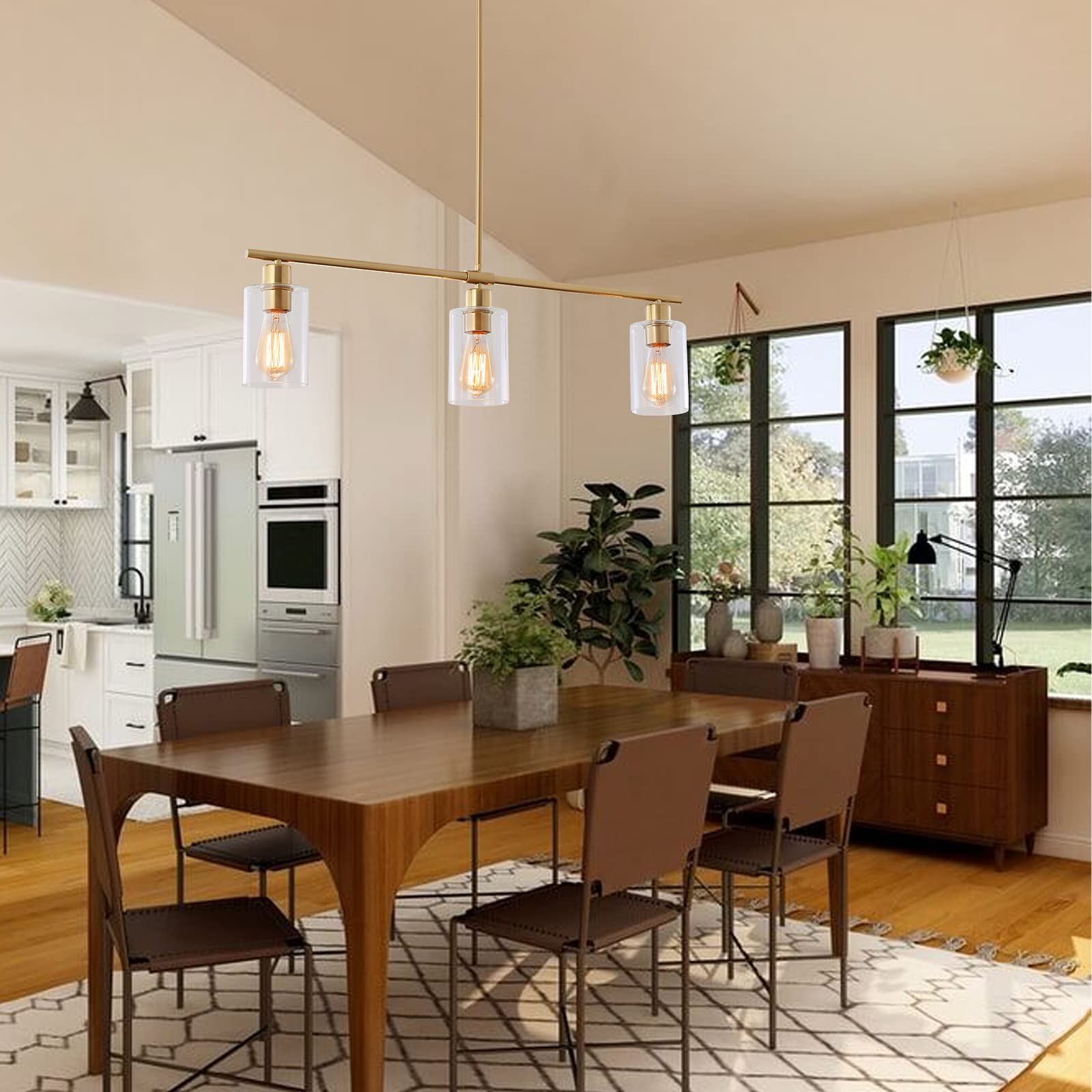 3-Light Industrial Linear Pendant Light Fixture with Clear Glass Shades - Gold Kitchen Island Hanging Chandelier for Dining Room, Washroom & Modern Home Decor | Perfect for Farmhouse, Loft & Contemporary Spaces