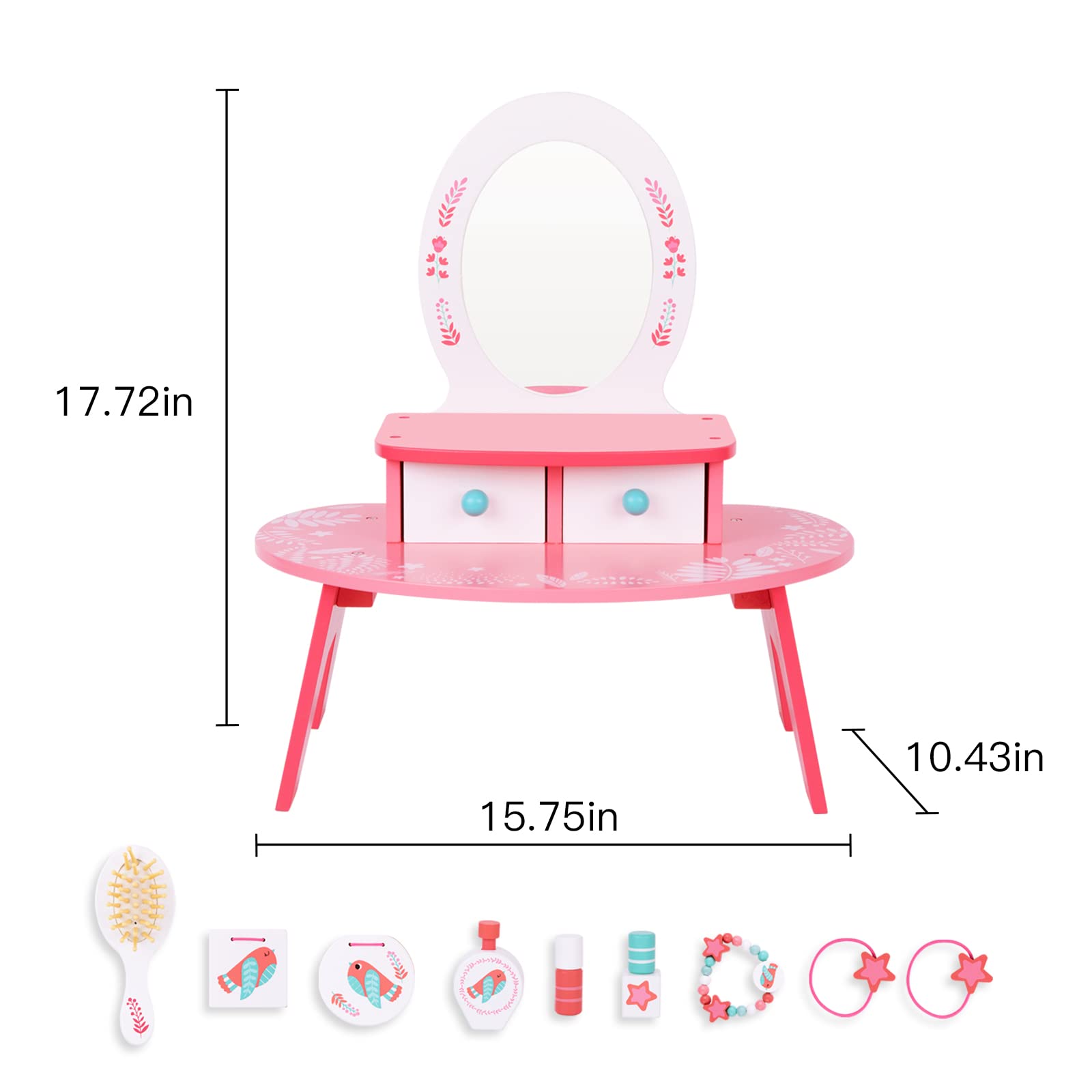 Tookyland Princess Vanity Toy Set for Toddlers - Wooden Makeup Table with Mirror & Accessories for Girls' Pretend Play