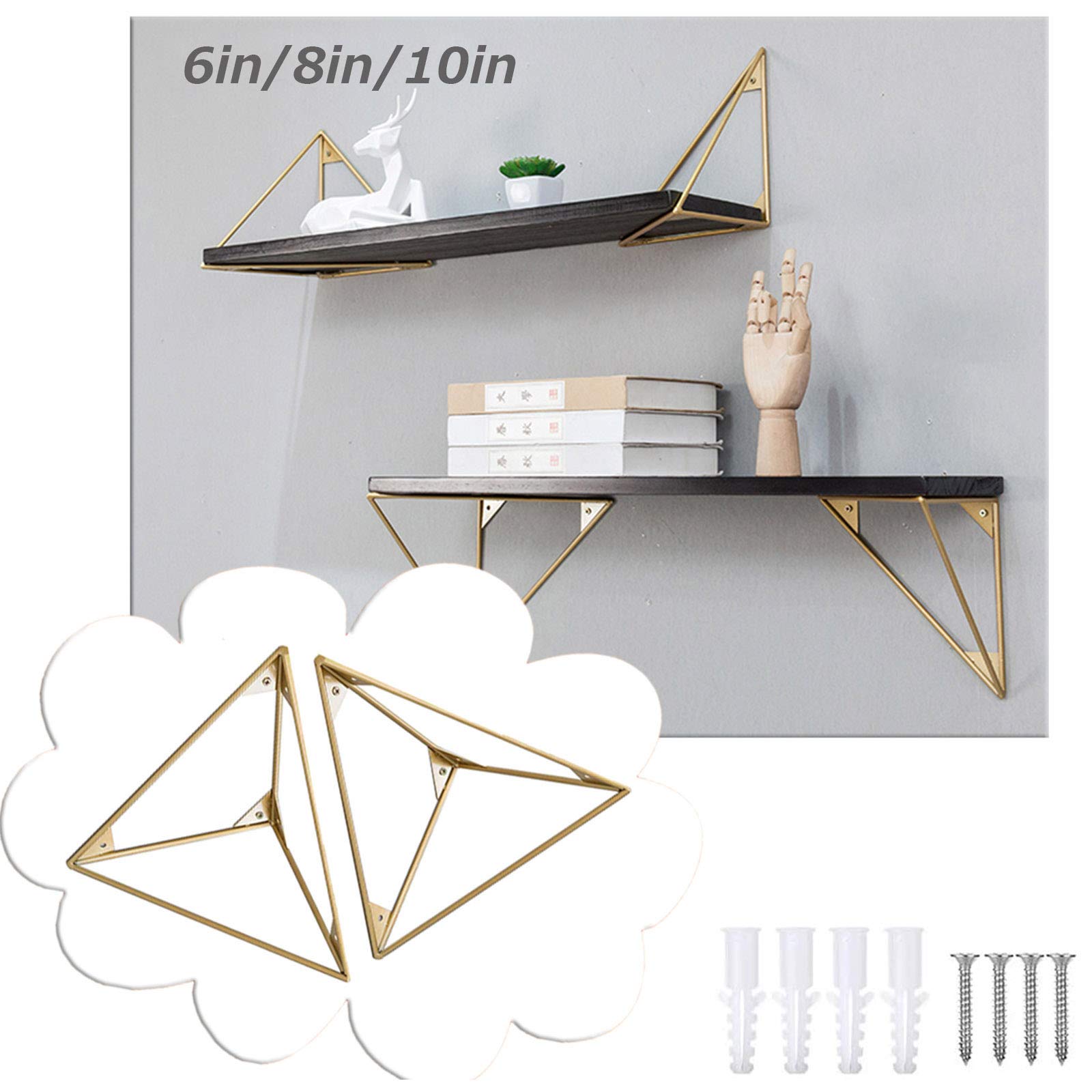 Gnova 2 Floating Shelves Wall Mounted - Gold & Black Decorative Shelf Brackets, Triangle Hanging Supporters (15cm, 20cm, 25cm) - Perfect for Living Room, Bedroom & Bathroom Storage & Display