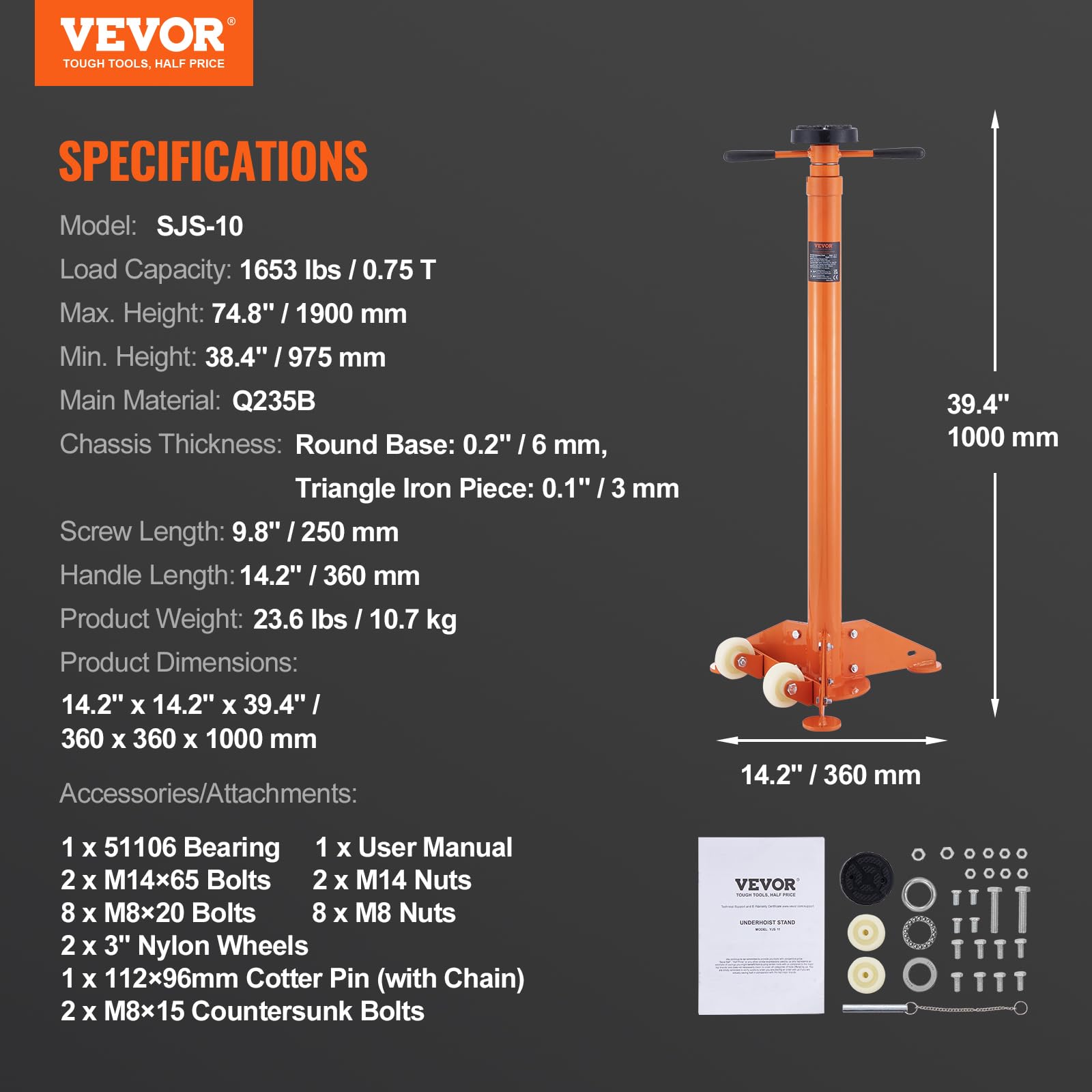 3/4 Ton Heavy Duty Underhoist Stand - Adjustable Car Jack Support with Triangular Base & Wheels (38.4