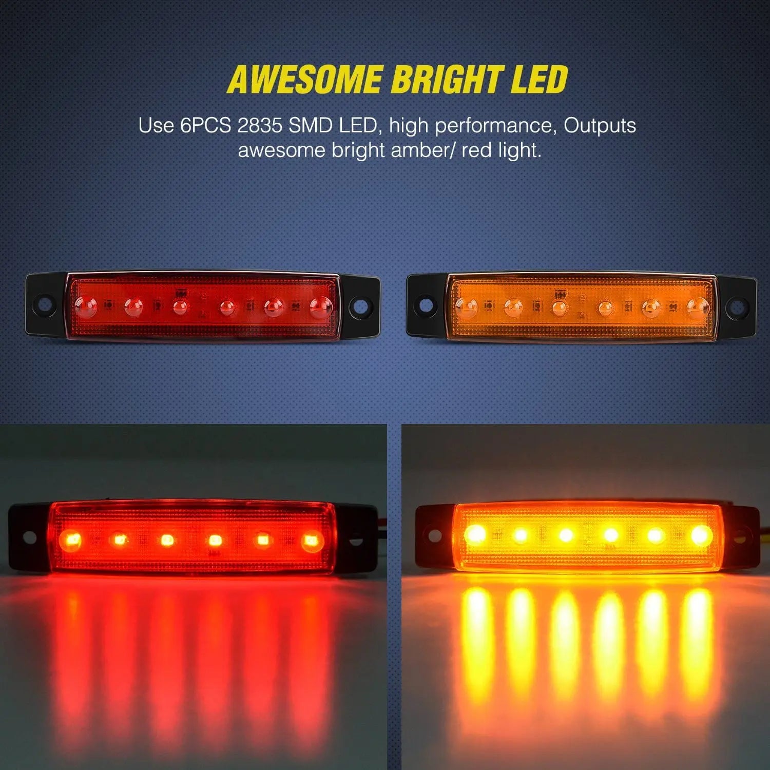 3.8 Inch 6 LEDs Red Amber Side Marker Lights - 10 Pack for Trucks, Trailers & RVs - Waterproof & Durable for Road Safety & Night Visibility