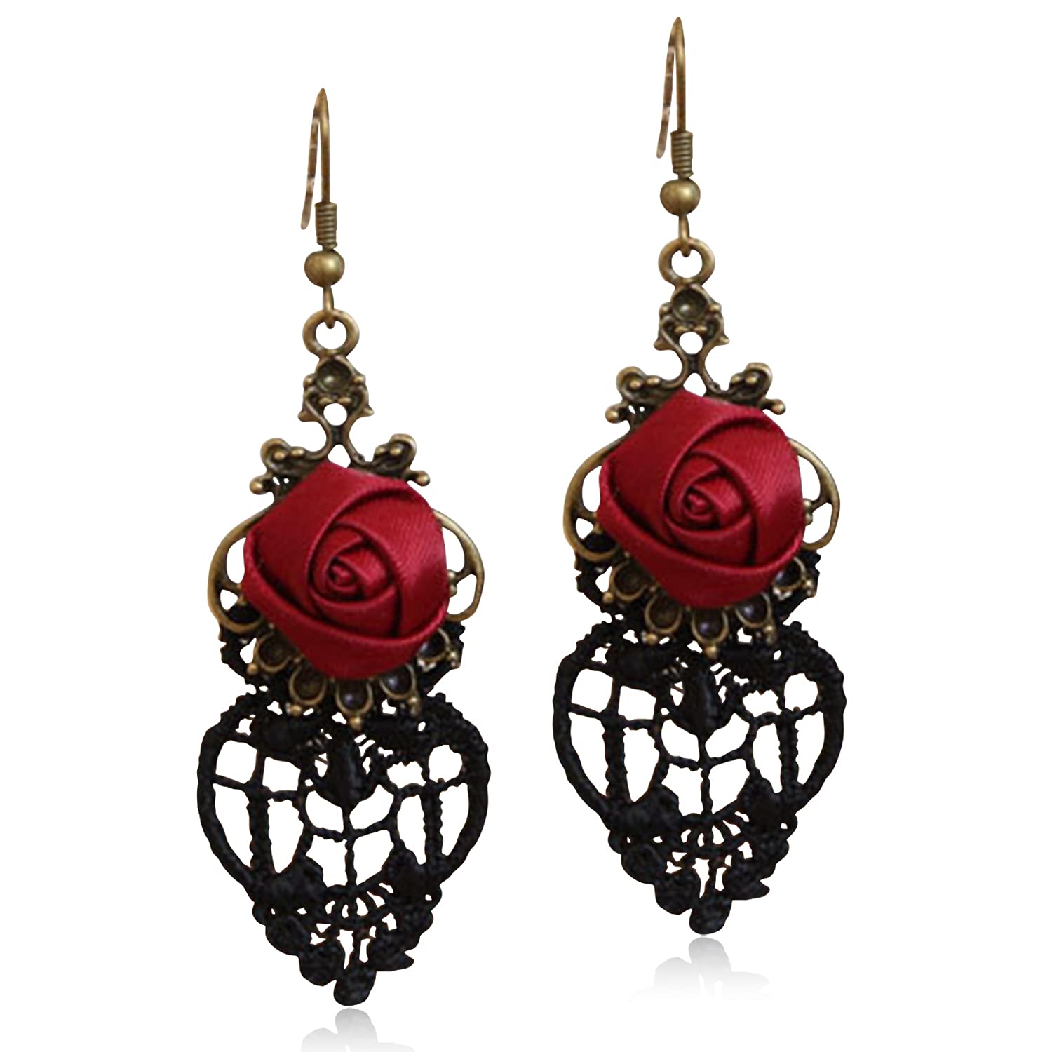 Handmade Vintage Red Rose Dangle Earrings for Women - Lightweight Punk Statement Jewelry, Personalized Retro Fabric Flower Hook Earrings - Perfect for Parties, Weddings & Boho Fashion