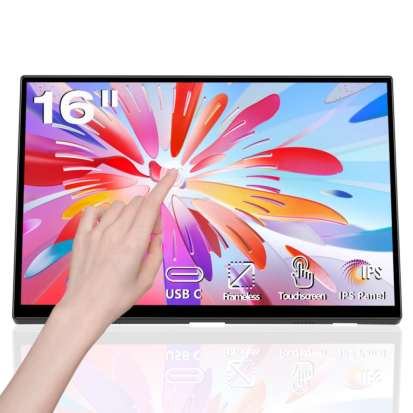 16 Inch Portable Touchscreen Monitor - Full HD 1920x1200 IPS Display, 300cd/m² Brightness, USB-C External Monitor for Laptop, PC, Phone & Raspberry Pi with Built-in Kickstand - Perfect for Remote Work, Gaming & Presentations