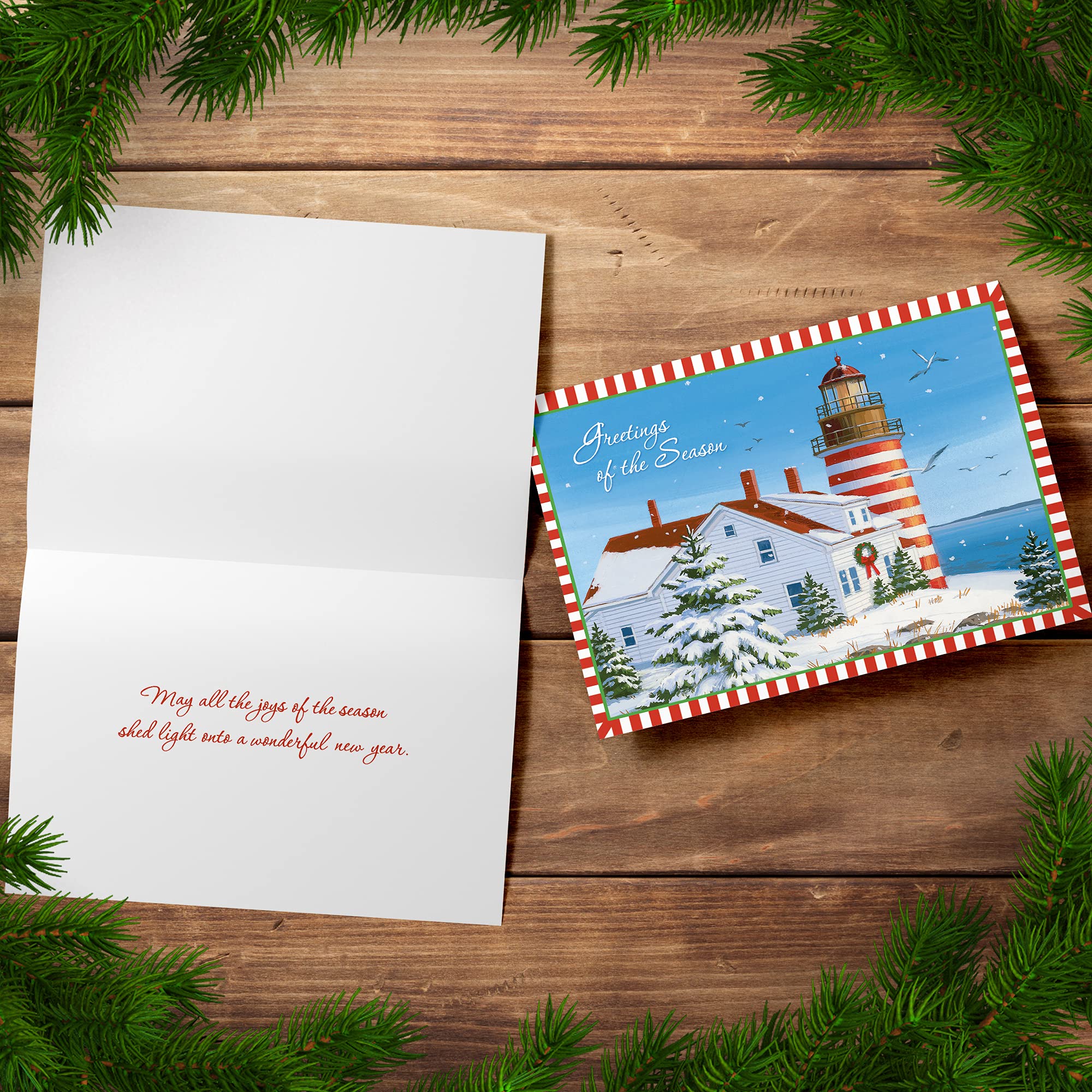 Red Farm Studios Designer Christmas Greeting Cards - Lighthouse in the Snow (Box of 18 Nautical Coastal Holiday Cards with White Envelopes) for Holiday Wishes, Office Gifts & Festive Decorations