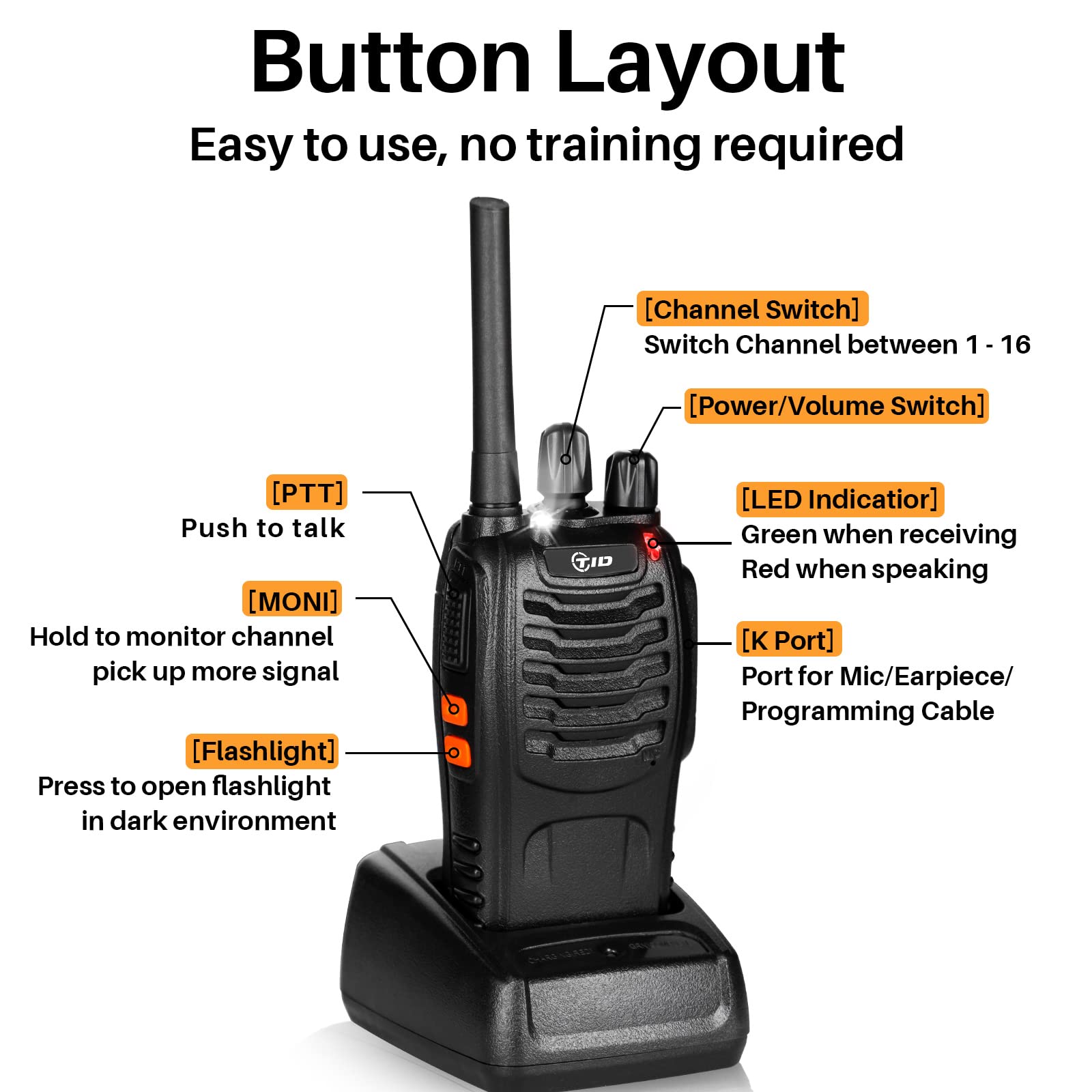 TID TD-V2 Long Range Walkie Talkies for Adults - 2 Way Radios with Earpiece, Rechargeable Battery & Flashlight (4 Pack) - Perfect for Business Communication, Outdoor Adventures & Family Activities
