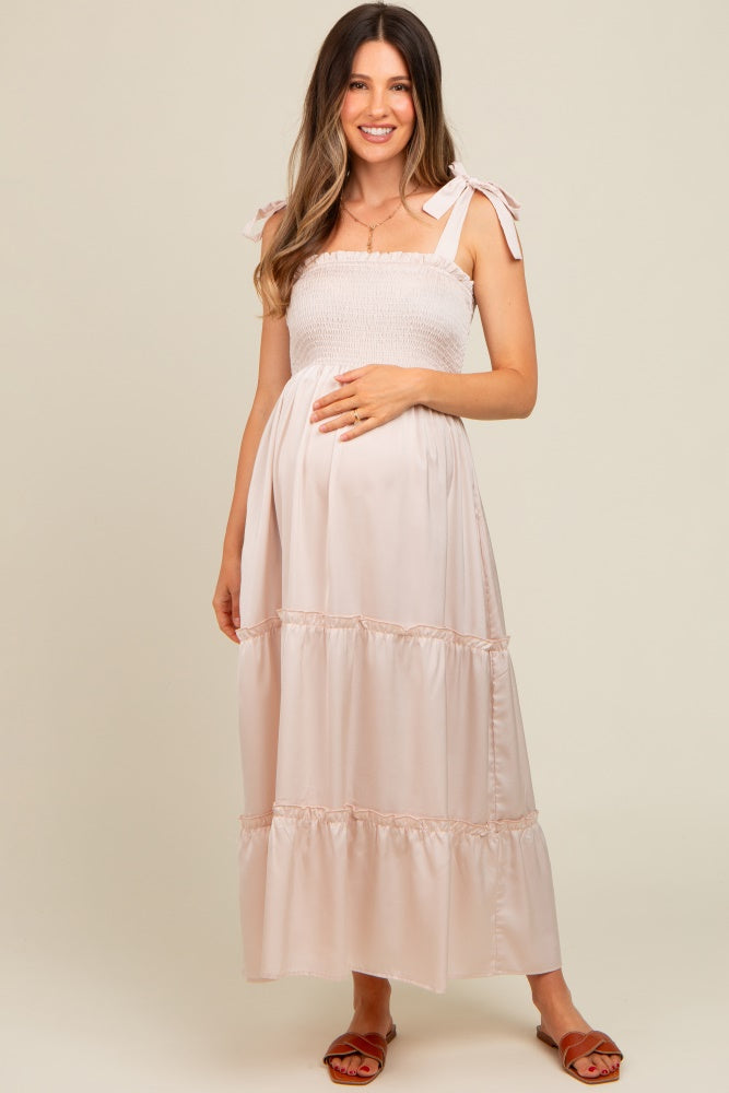 Beige Satin Smocked Maternity Maxi Dress for Pregnancy - Comfortable Stretchy Nursing Dress for Women, Perfect for Baby Showers, Maternity Photos & Special Occasions