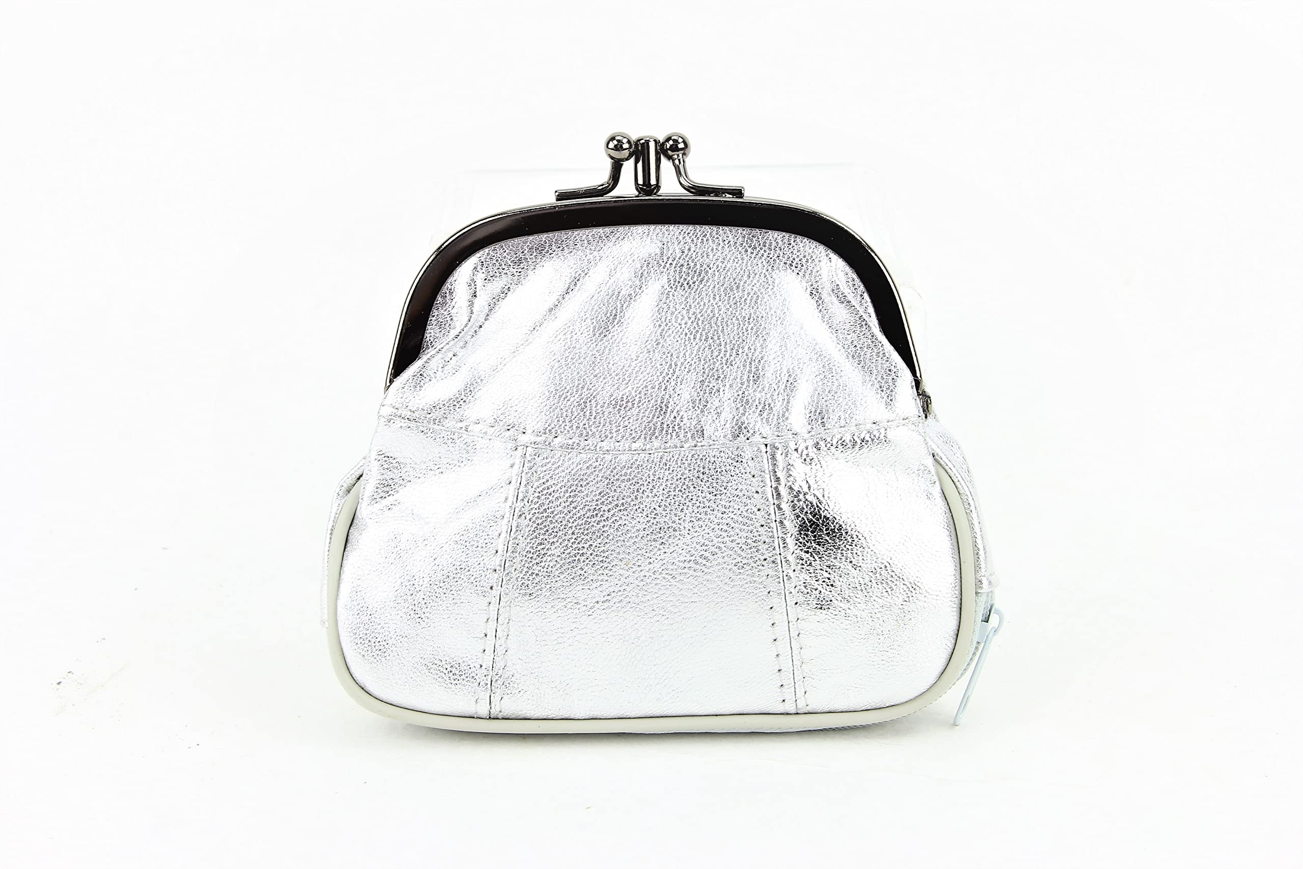 Genuine Leather Double Coin Purse for Women - Twist Clasp Wallet with Zipper Pocket | Lightweight Small Purse for Cash & Cards | Perfect for Travel, Shopping & Everyday Use (Silver)