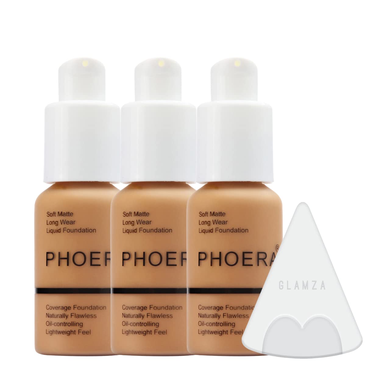 Phoera Full Coverage Foundation Makeup Set - 24 Hour Long Lasting Oil Control Matte Concealer Cream with Silicone Blender Sponge (3 x 30ml, 106 Warm Sun) | Flawless Finish for Oily Skin | Perfect for Daily Wear, Special Occasions & Photography