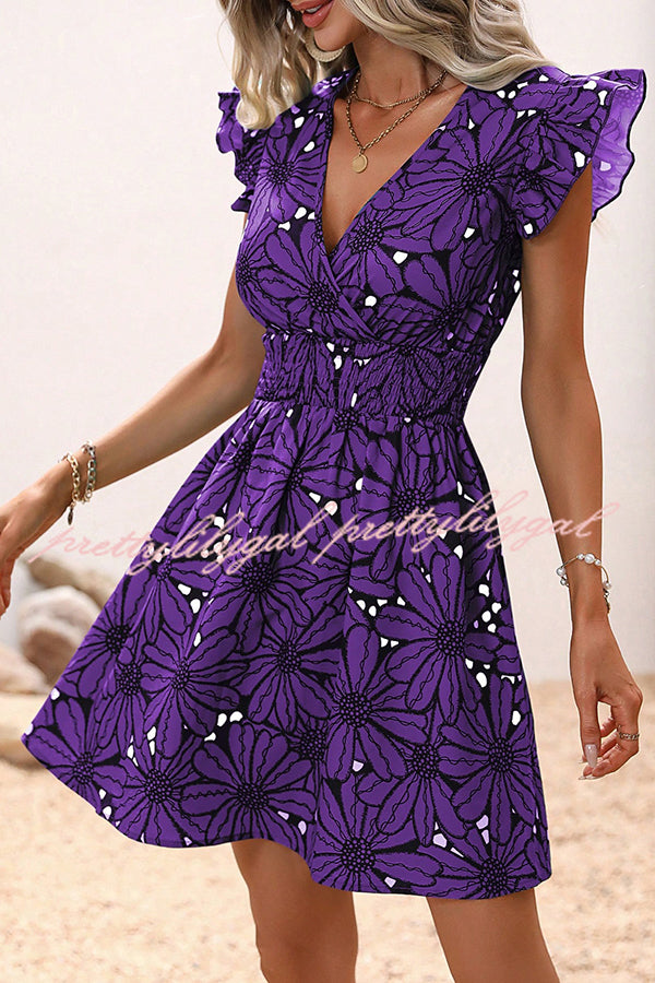 Floral Print Ruffle Sleeve Mini Dress with Elastic Waist - Perfect for Weekend Outings, Brunch Dates & Summer Vacations