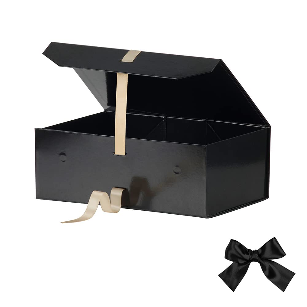 12x8x4.5 Inch Black Gift Box with Magnetic Lid & Ribbon - Elegant Bridesmaid Proposal Box, Birthday Gift Packaging for Jewelry, Shoes & Women's Accessories (Glossy Black) - Perfect for Wedding Favors, Special Occasions & Luxury Gift Presentation