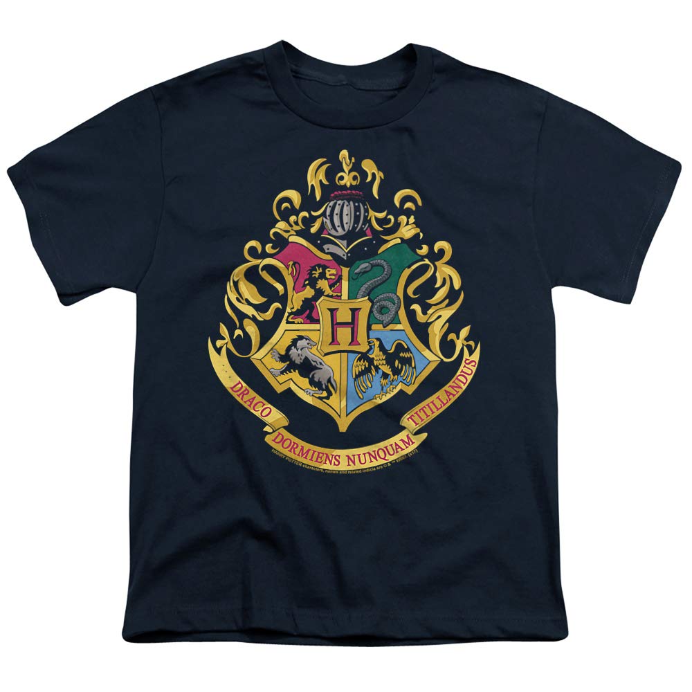 **Harry Potter Hogwarts Logo Graphic T-Shirt for Kids 7+ Years – Unisex Short Sleeve Tee with Stickers (Small, Navy) – Perfect for School, Cosplay & Harry Potter Fans**