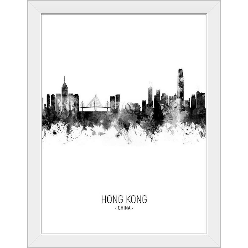 Hong Kong Skyline White Framed Art Print - Modern Cityscape Wall Decor for Living Room, Office & Bedroom - Perfect Gift for Travel Lovers & Home Decor Enthusiasts