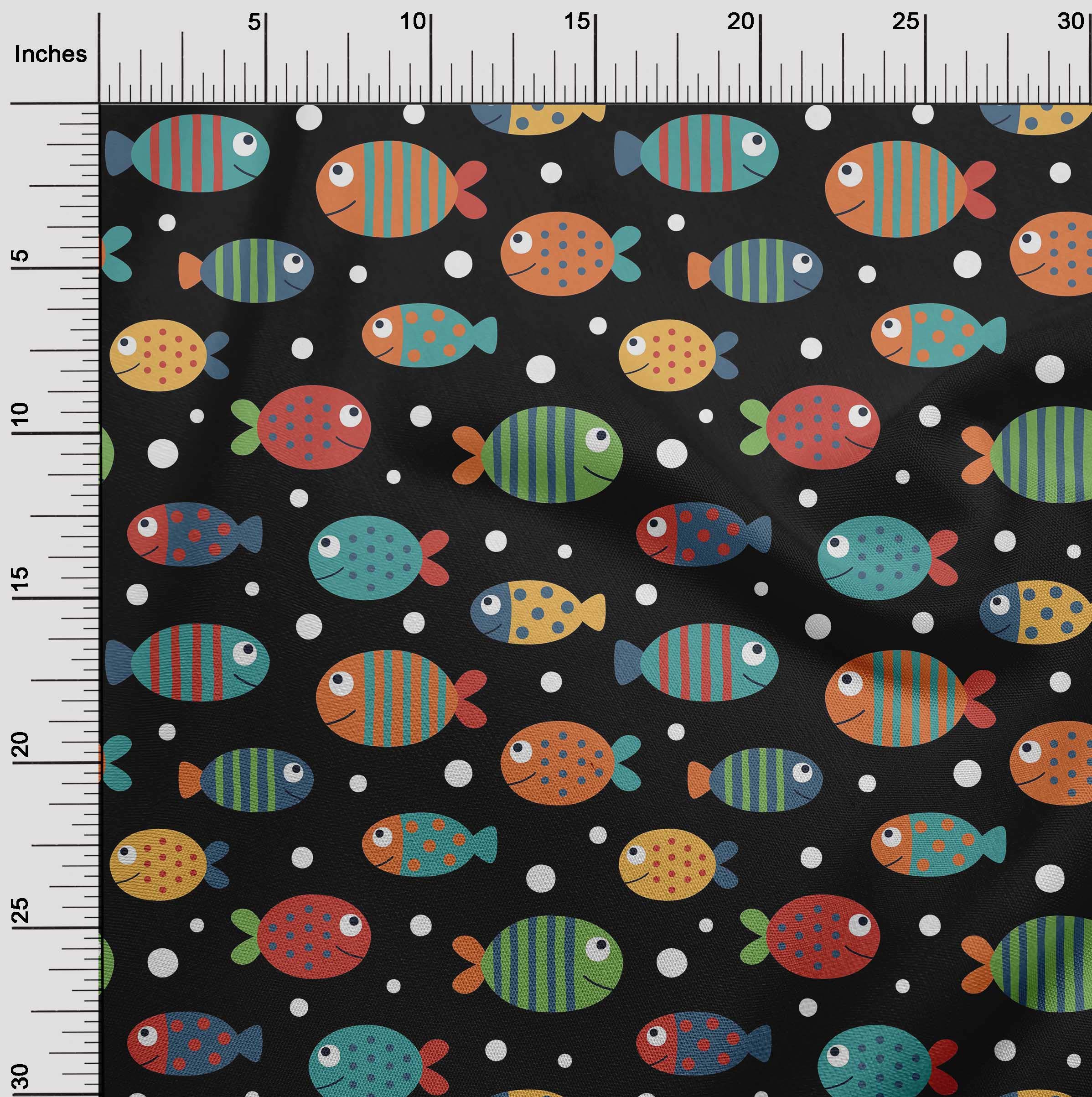 Premium 100% Cotton Poplin Twill Fabric - Black with Artistic Dot & Fish Print - 56 Inch Wide Dress Material by The Yard | Perfect for DIY Dresses, Skirts & Home Decor Projects