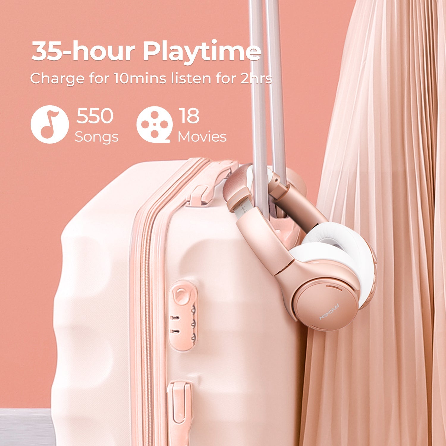 Mpow H19 IPO Active Noise Cancelling Headphones with Microphone - Wireless Bluetooth Over-Ear Headset (Rose Gold) for Travel, Work & Gaming - EU/UK/US Compatible