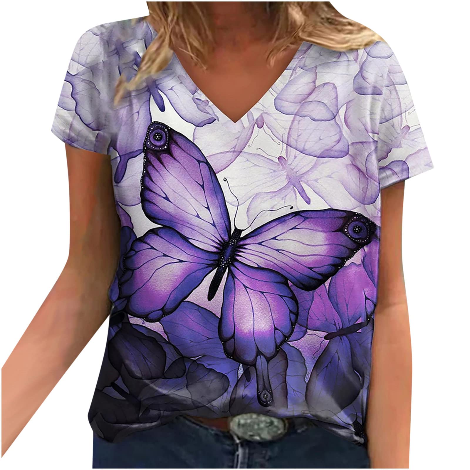 SHOPESSA Women's Short Sleeve Butterfly Graphic T-Shirt - Casual Loose Fit Summer Top Blouse for Women | Perfect for Beach Outings, Weekend Wear & Vacation Outfits