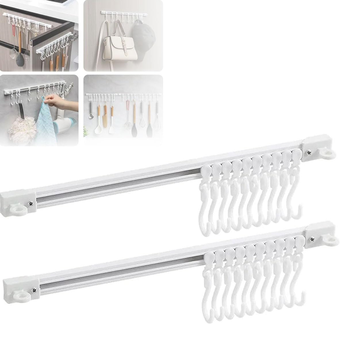 **Multifunctional Slide Rail Hook - 2 Pack Adhesive Wall Hooks for Kitchen, Bathroom & Bedroom - No Drill Space-Saving Utensil Rack (40cm/15.7in) - Perfect for Organizing Spoons, Towels & Accessories**