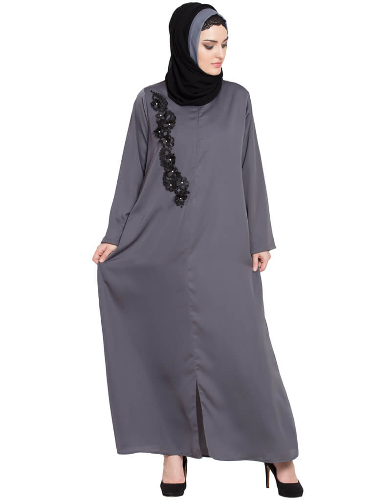 Elegant Arabic Front Zip & Slit Patchwork Nida Abaya in Grey - Perfect for Prayer, Modest Fashion, and Special Occasions