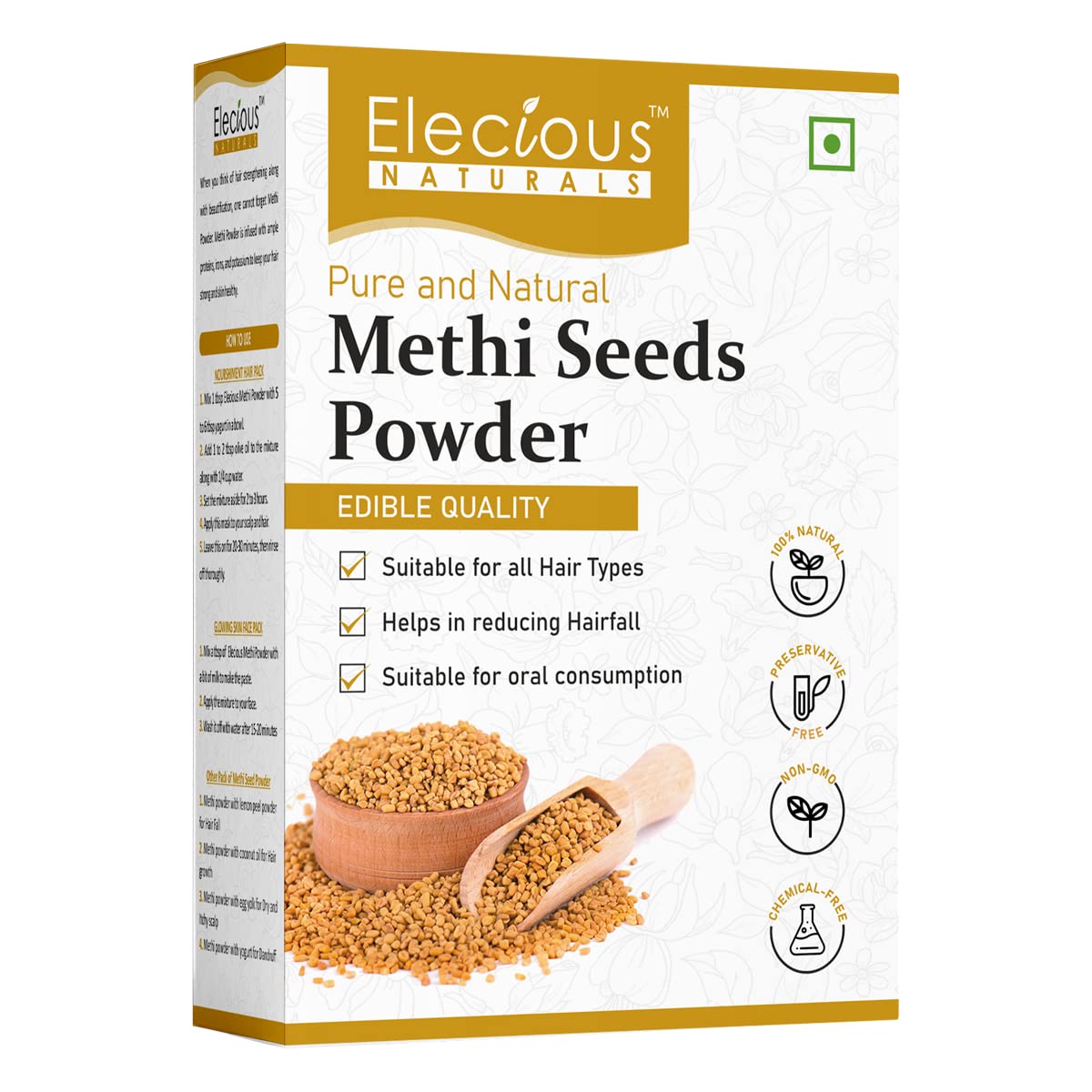 Elecious 100% Pure Natural Fenugreek Seed Powder (200g) - Promotes Hair Growth & Skin Care | Methi Powder for Healthy Hair, Glowing Skin & Culinary Use | Perfect for DIY Hair Masks, Face Scrubs & Cooking Recipes