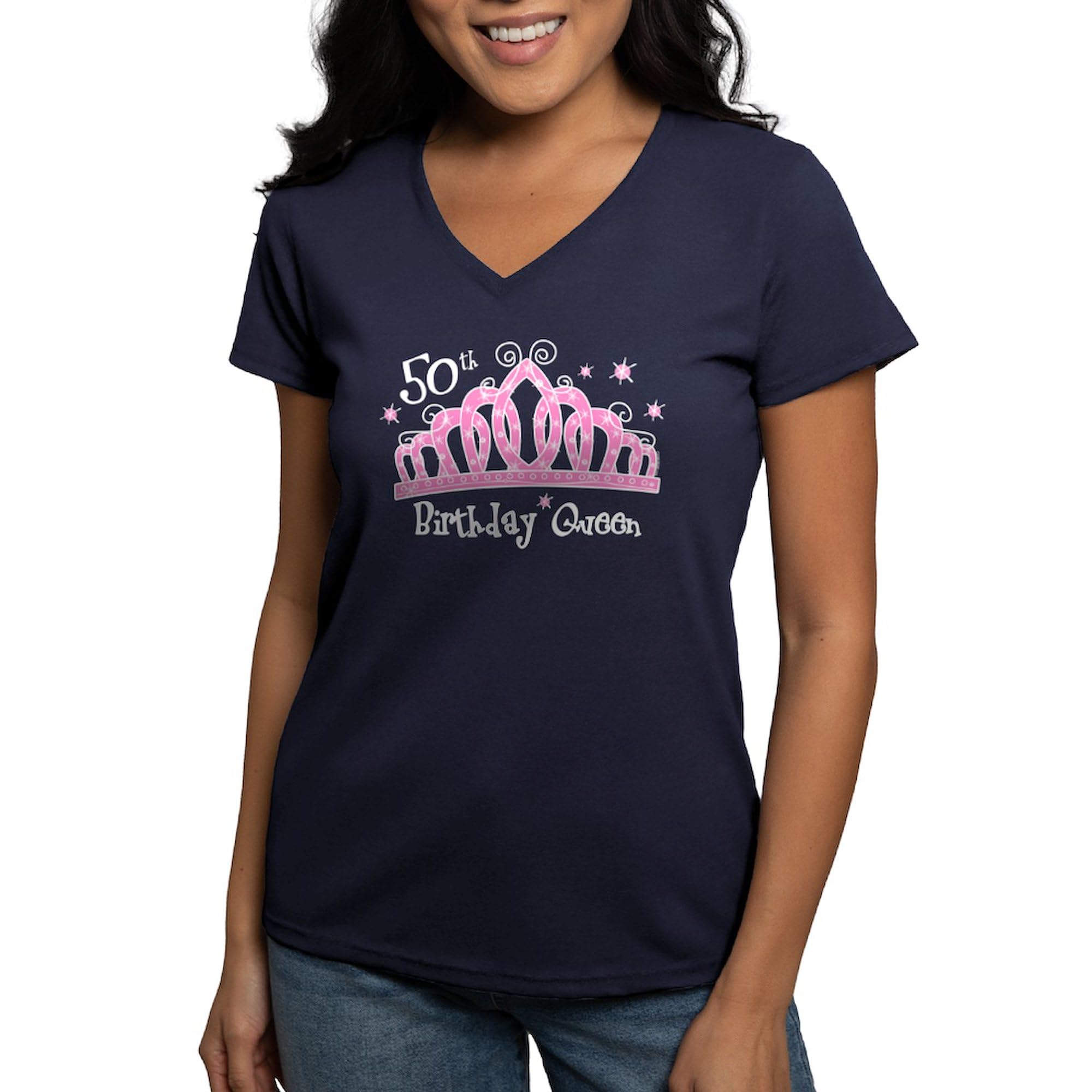 50th Birthday Queen Tiara Women's V-Neck Dark T-Shirt - Cotton Comfort Fit Tee for Women - Perfect for Birthday Parties, Crown Themed Events & Royal Celebration Outfits
