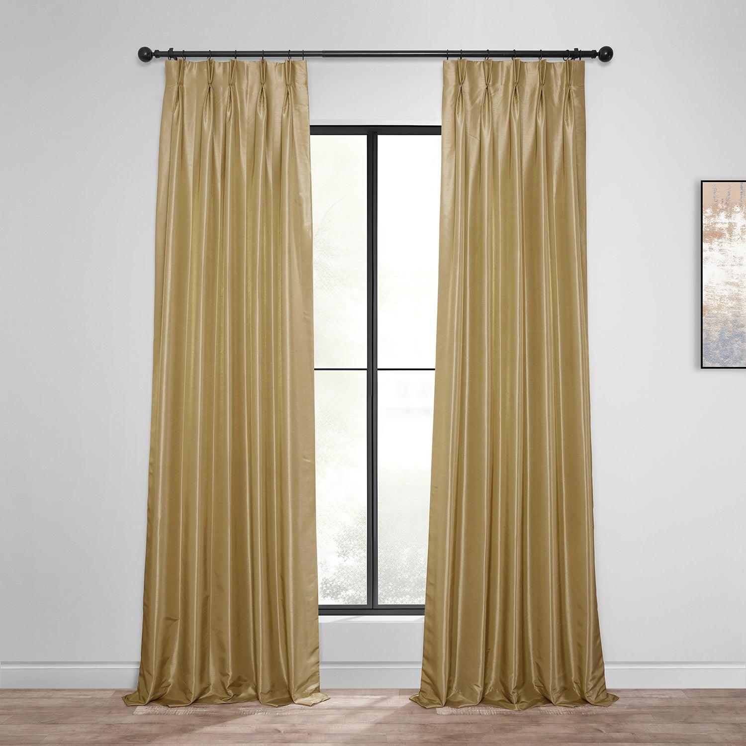 Flax Gold French Pleat Vintage Textured Faux Dupioni Silk Blackout Curtains - Elegant Window Treatment for Living Room & Bedroom Light Blocking