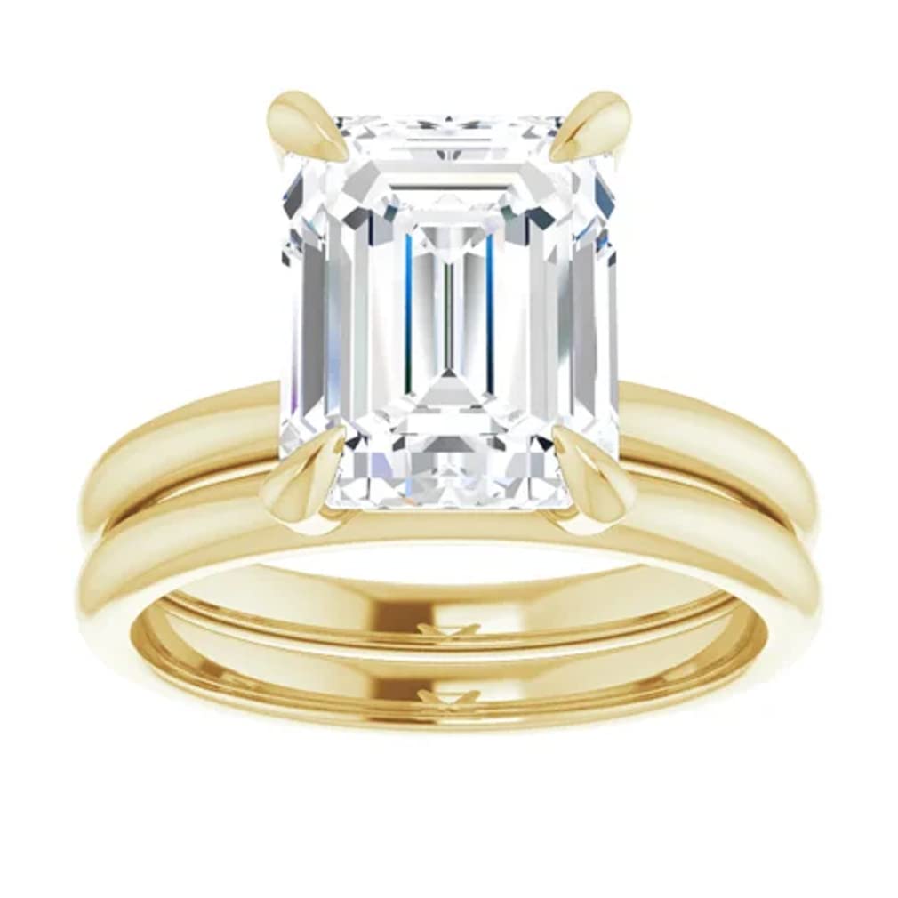 Handmade 10K 14K 18K Solid Yellow Gold Women's Engagement Ring Set with 4 Carat Emerald Cut Moissanite - Wedding, Bridal, Anniversary & Promise Gift for Her - Perfect for Proposals, Special Occasions & Romantic Surprises