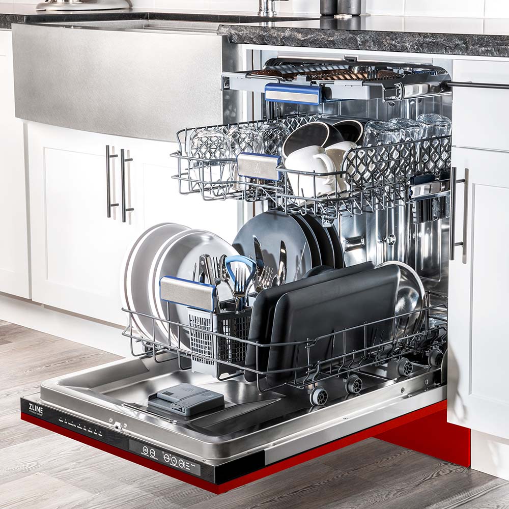 ZLINE 24 Inch Tallac Series 3rd Rack Dishwasher with Red Gloss Panel & Traditional Handle - 51dBa Ultra Quiet (DWV RG 24) | Perfect for Modern Kitchens, Small Spaces & Energy-Efficient Homes