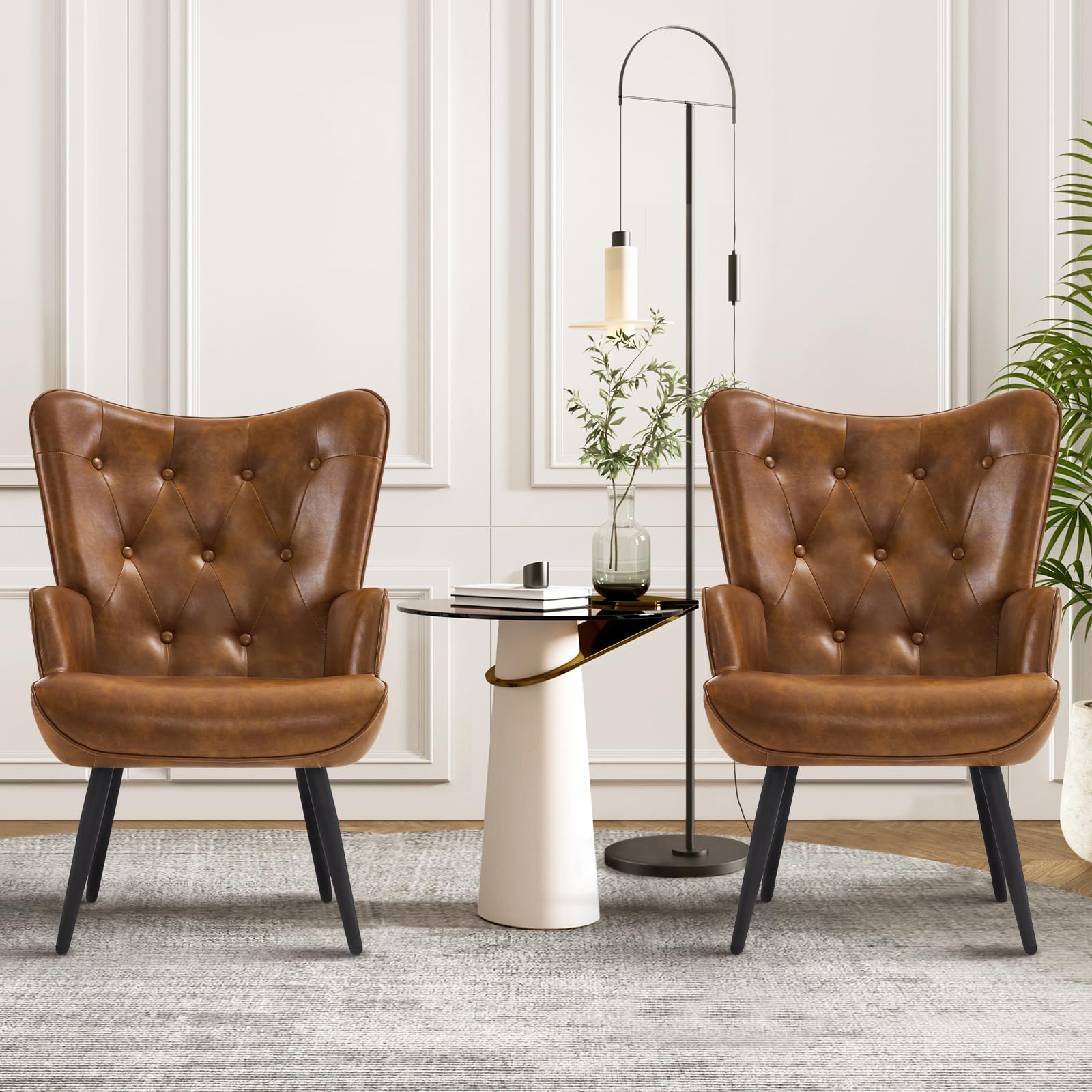 Furnimart Mid Century Modern Faux Leather Accent Chair - Comfy PU Armchair for Living Room, Office, Study, Bedroom & Waiting Room - Yellow Brown Wingback Leisure Chair | Perfect for Home Decor, Guest Seating & Vanity Areas