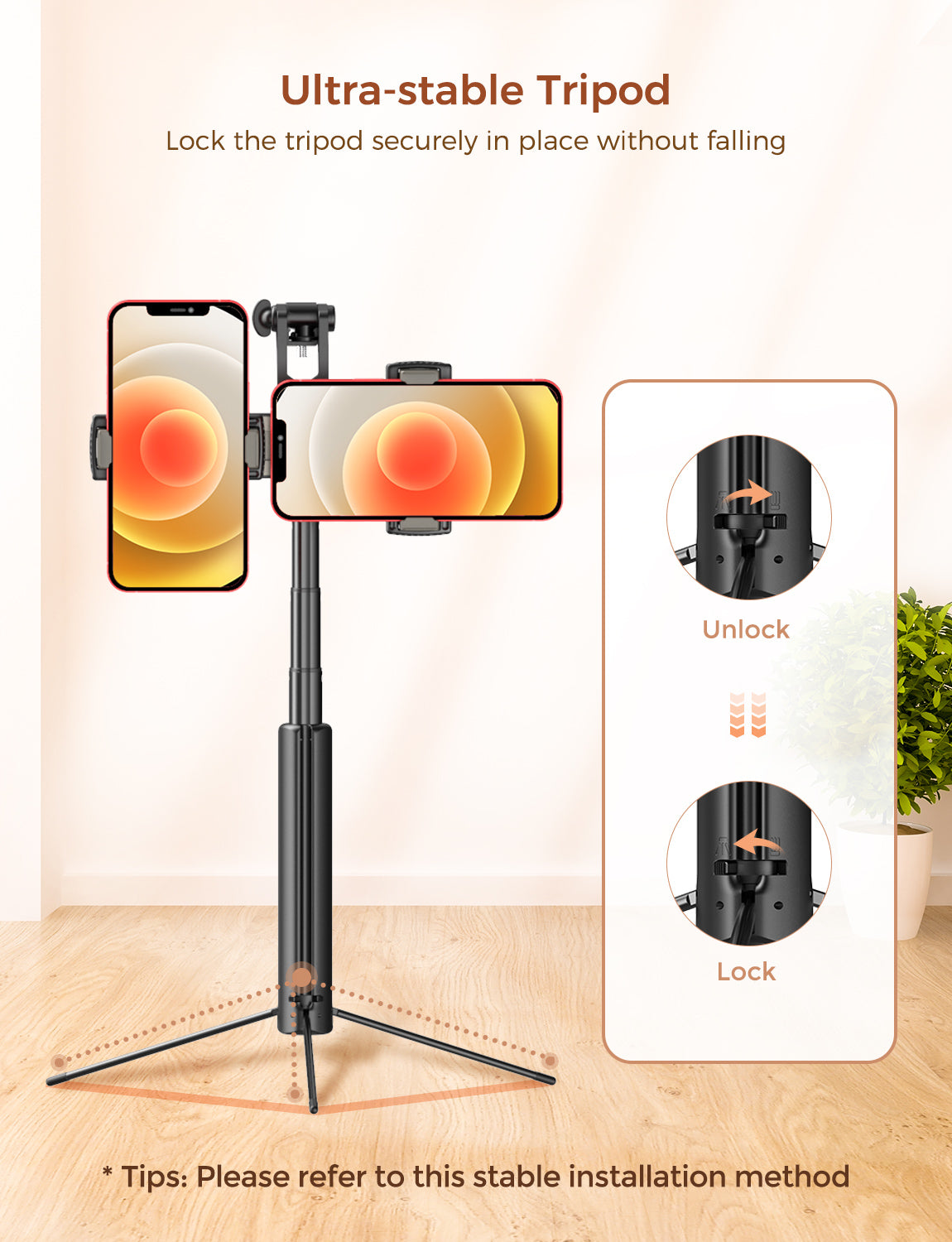 MPOW PA218A Selfie Stick Tripod with Dual Phone Holders - Adjustable Extendable Monopod for iPhone Android Smartphones - Perfect for Travel, Vlogging, Group Photos & Live Streaming