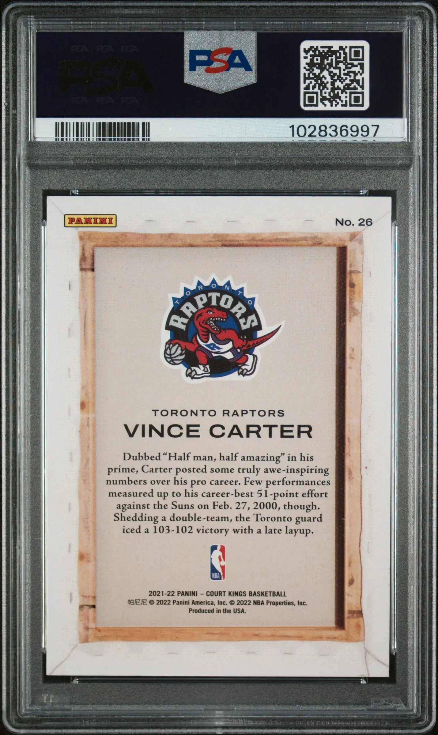2021 Panini Court Kings Basketball Blank Slate Vince Carter #26 PSA 8 Graded Card - Perfect for NBA Collectors, Sports Memorabilia Displays & Investment Collections