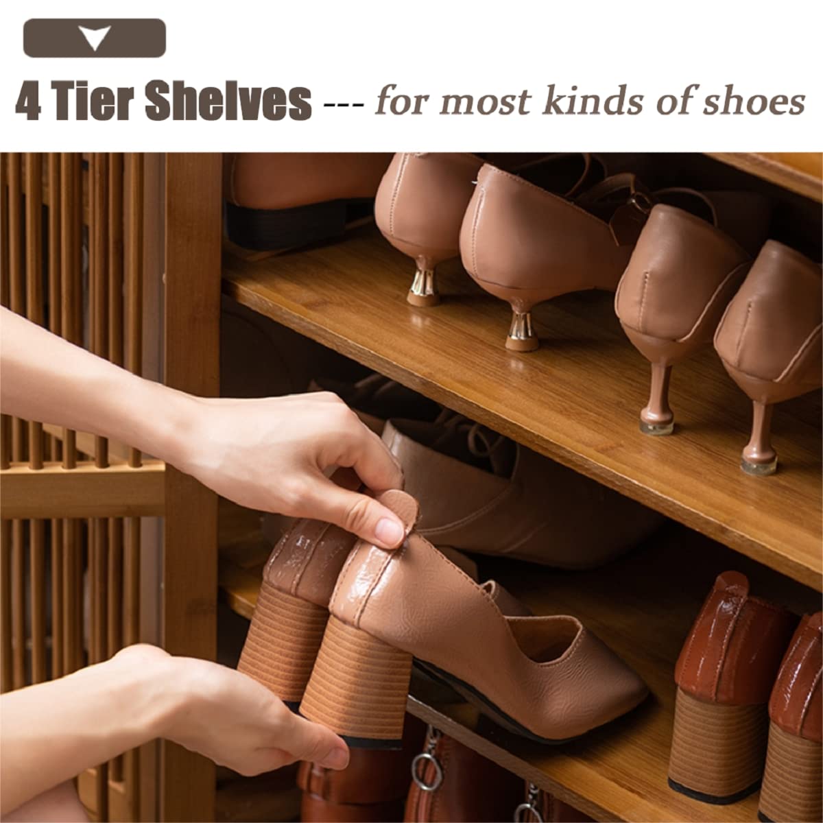 Gdrasuya10 4-Tier Bamboo Shoe Storage Cabinet with Doors - 40 Inch Entryway Shoe Rack Organizer for High Heels, Boots, Sneakers & Slippers - Perfect for Closet, Bedroom & Mudroom Organization