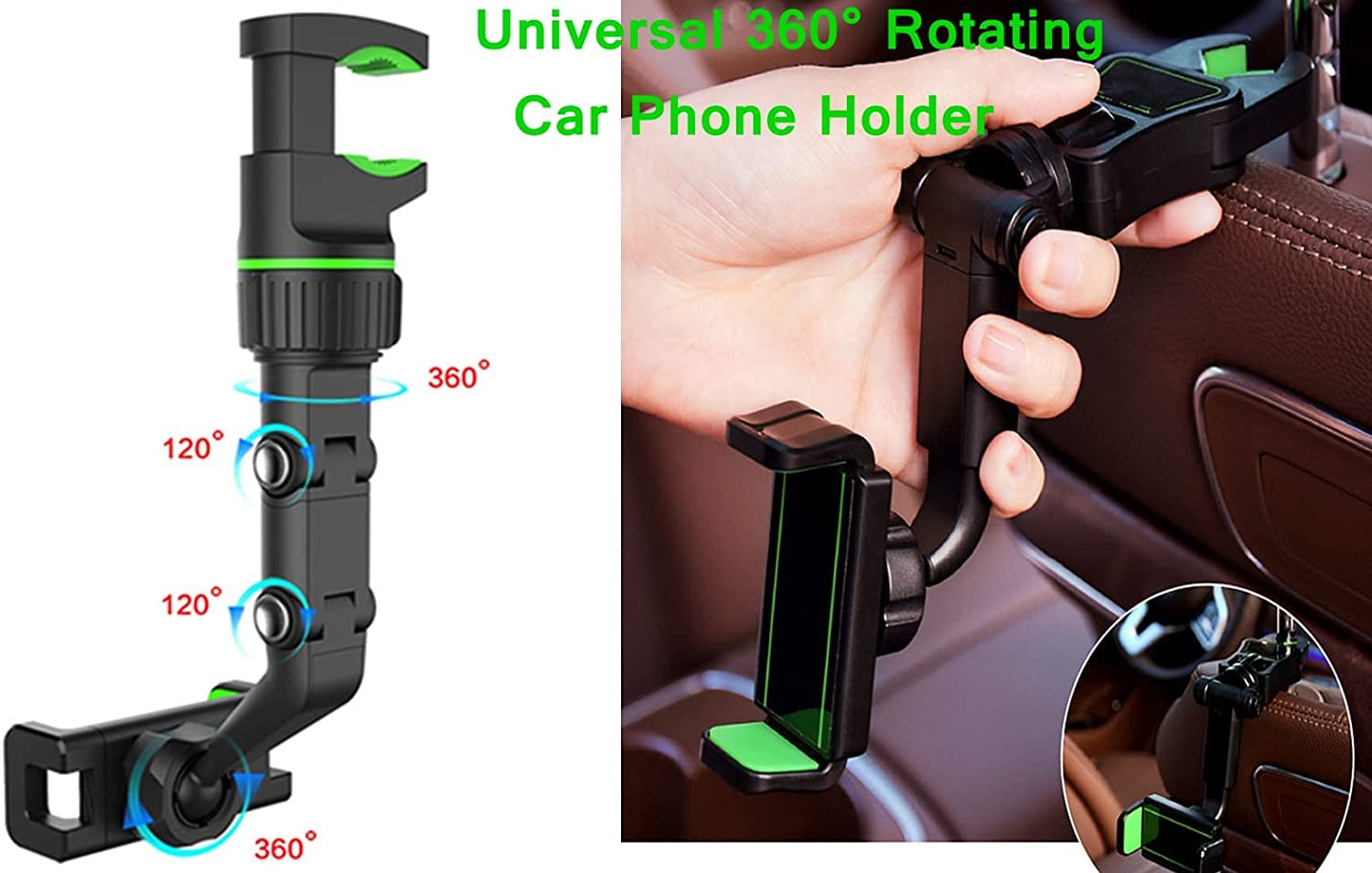 360° Rotatable Car Phone Mount Holder - Universal Adjustable Rearview Mirror Phone Stand for GPS & Hands-Free Driving - Perfect for Road Trips, Commuting & Navigation (Green)