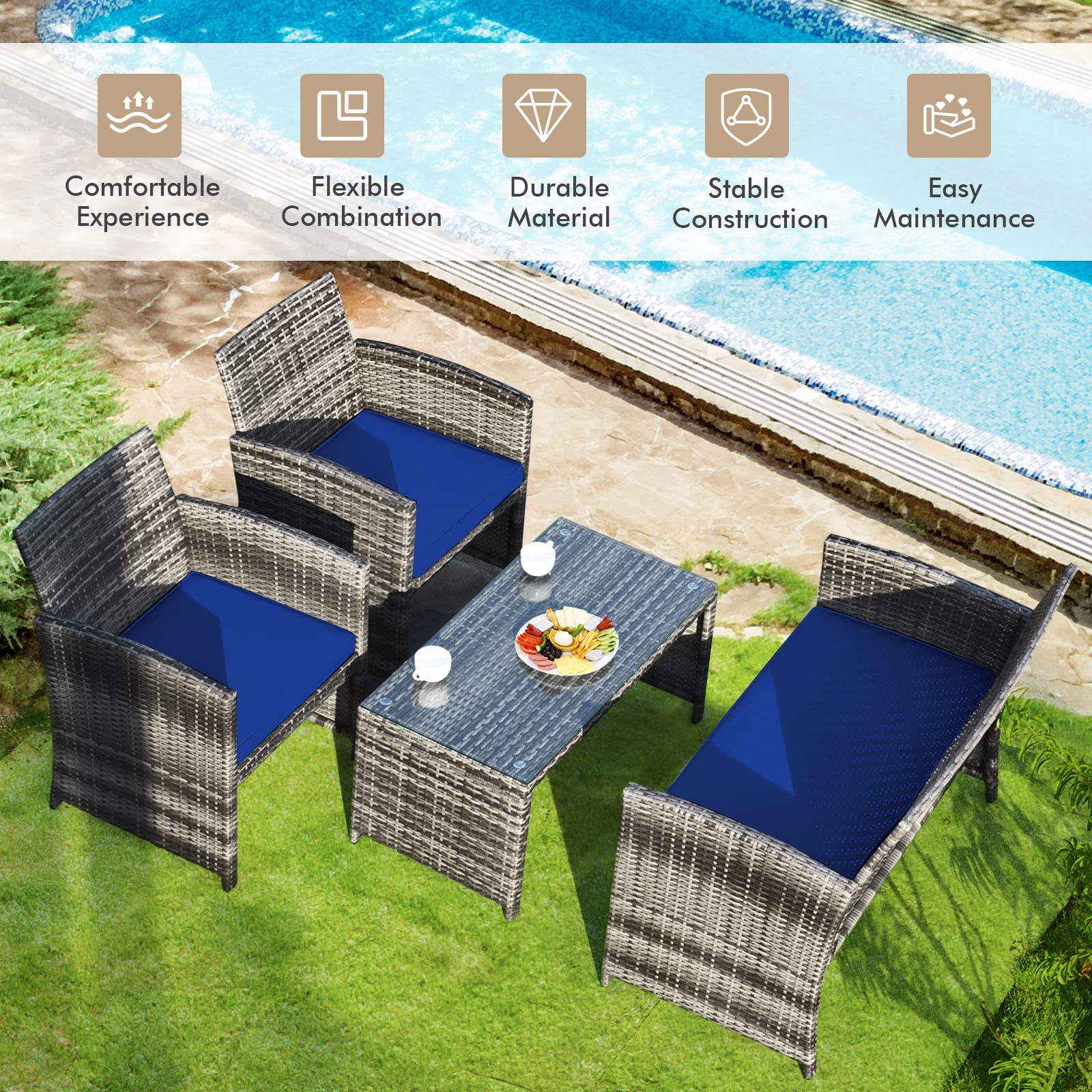 Goplus 4-Piece Outdoor Rattan Patio Furniture Set with Weather-Resistant Cushions & Tempered Glass Tabletop - Wicker Conversation Sofa for Backyard, Garden, Poolside & Lawn (Blue) | Perfect for Relaxing, Entertaining & Outdoor Dining