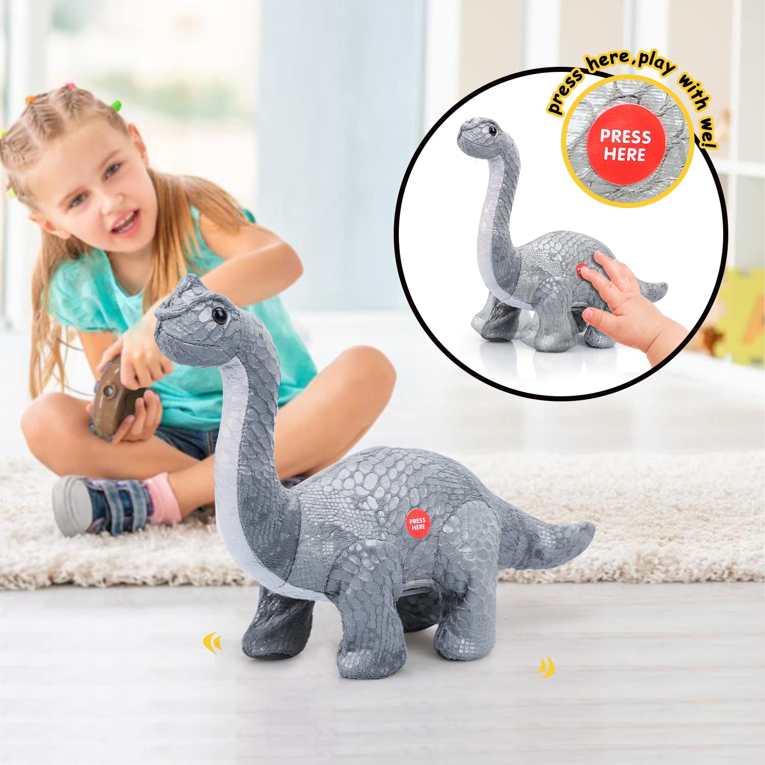 TOY Life Remote Control Dinosaur Toy - Electronic Walking Brontosaurus Plush Stuffed Animal for Kids Ages 3-7 | Fun Interactive RC Dinosaur Gift for Boys & Girls | Perfect for Birthday Parties, Indoor Play & STEM Learning