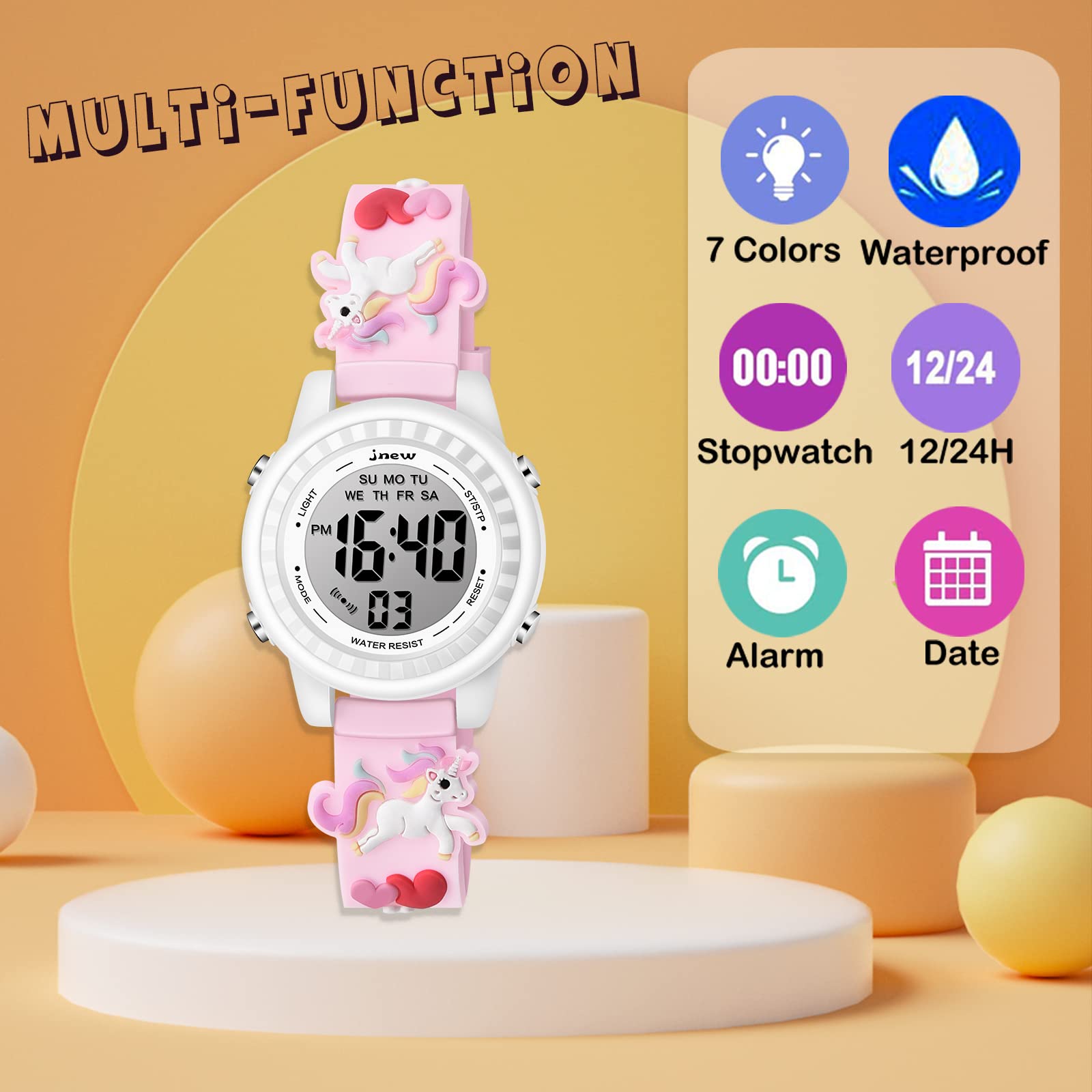 Venhoo Kids Digital Watch - 3D Cartoon Waterproof Wristwatch with 7 Color LED Lights, Alarm & Stopwatch for Girls Ages 3-10 | Perfect for School, Playtime & Outdoor Activities