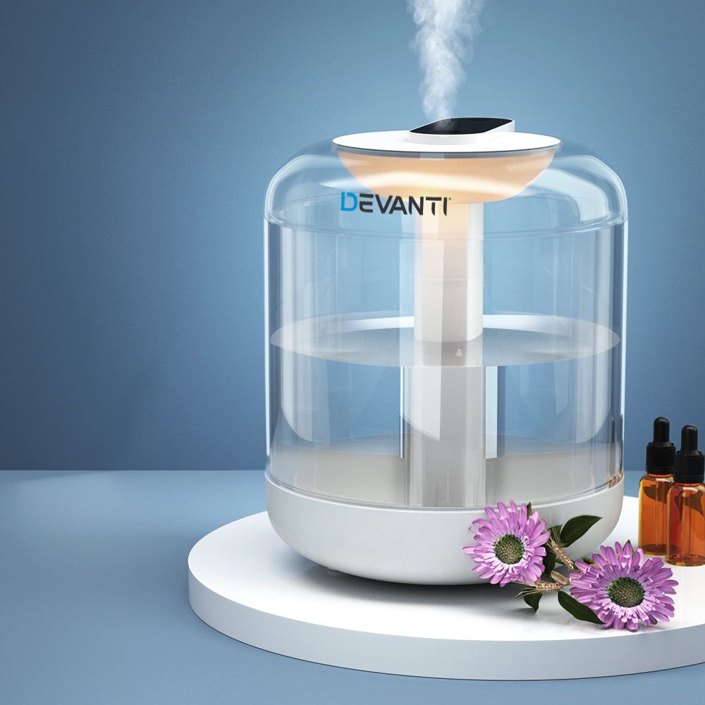 Devanti 1L Ultrasonic Air Humidifier with Essential Oil Diffuser - Quiet Cool Mist for Bedroom, Office & Nursery | BPA-Free Aromatherapy Purifier