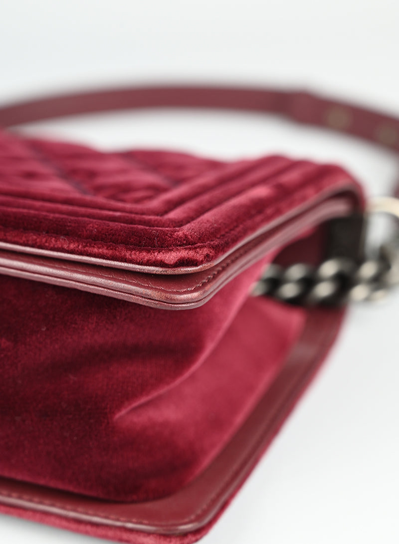 Chanel Burgundy Velvet Boy Bag - Luxury Quilted Shoulder Bag for Women | Perfect for Evening Parties, Weddings & Special Occasions