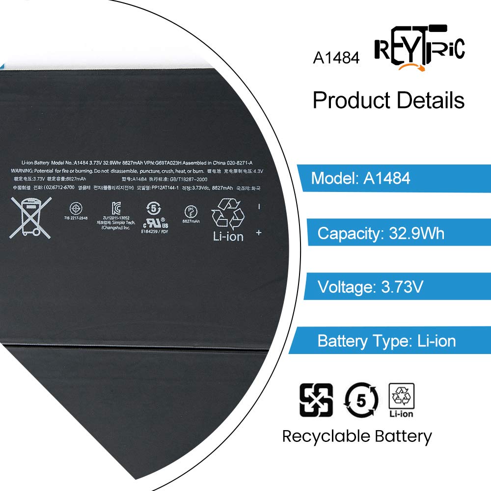 REYTRIC A1484 Replacement Battery for iPad 5 & iPad Air (A1474/A1475/A1476) - 3.73V 8827mAh High Capacity Battery with Installation Tools - Perfect for iPad Repair & Battery Replacement at Home