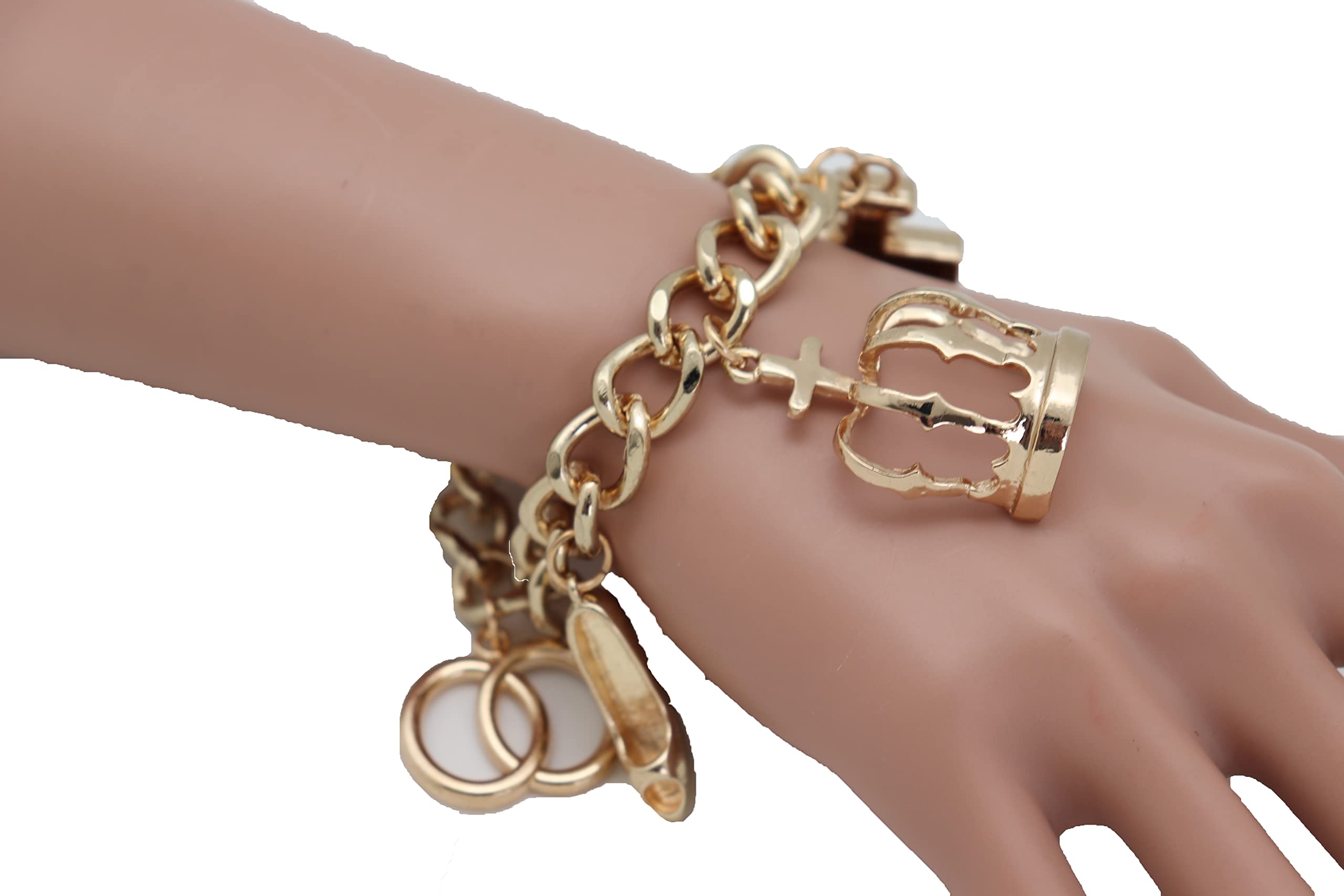 Gold Queen Crown Bracelet for Women - Elegant Metal Chain Fashion Jewelry with Lipstick & Perfume Charms | Perfect for Parties, Weddings & Royal-Themed Events