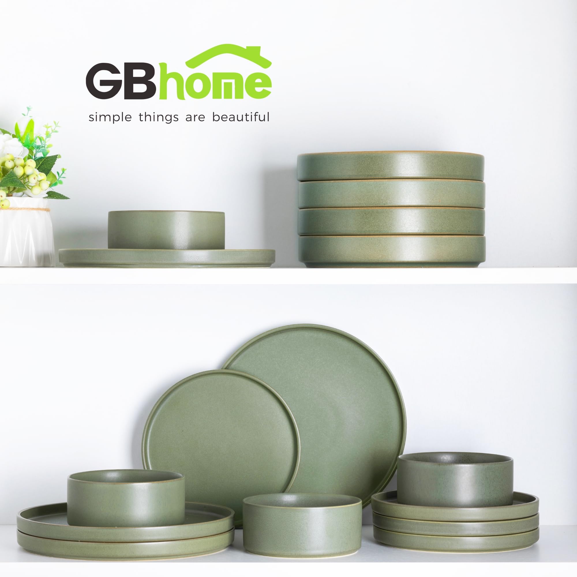 GBHOME 16-Piece Ceramic Dinnerware Set for 8 - Stoneware Plates & Bowls, Chip & Scratch Resistant, Dishwasher/Microwave/Oven Safe, Reactive Glaze Green - Perfect for Family Dinners, Restaurants & Holiday Entertaining