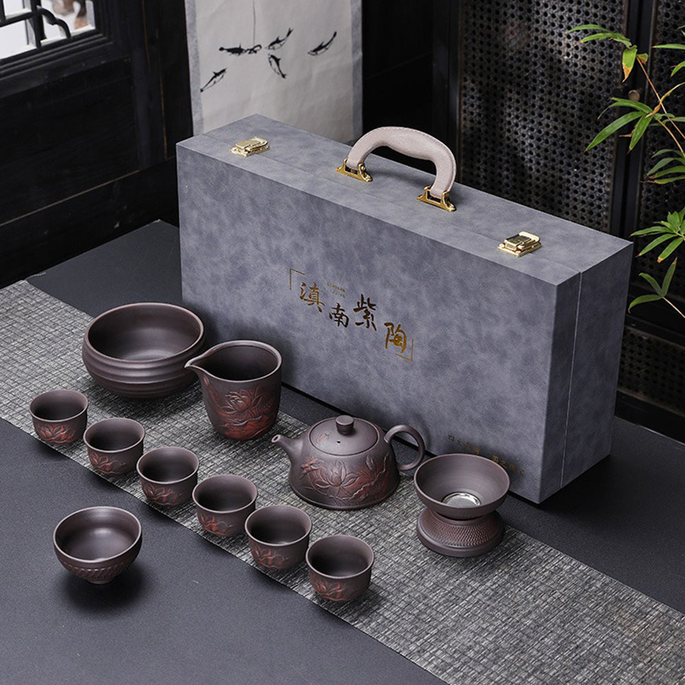 Premium Yixing Purple Clay Relief Lotus Tea Set - Handcrafted Chinese Gongfu Tea Ceremony Set for Brewing Oolong, Pu-erh & Black Tea - Perfect for Home, Office & Meditation
