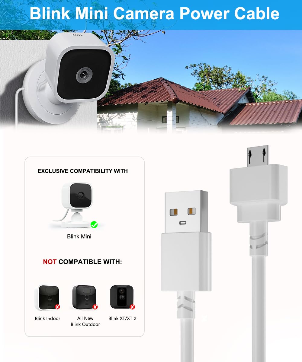 Blink Mini Charger Cable 10FT with Wall Adapter - Micro USB Power Cord for Blink Mini Security Cameras (Not Compatible with Blink Mini 2) - Waterproof & Durable for Indoor/Outdoor Use - Perfect for Home Security Camera Setup & Continuous Power Supply