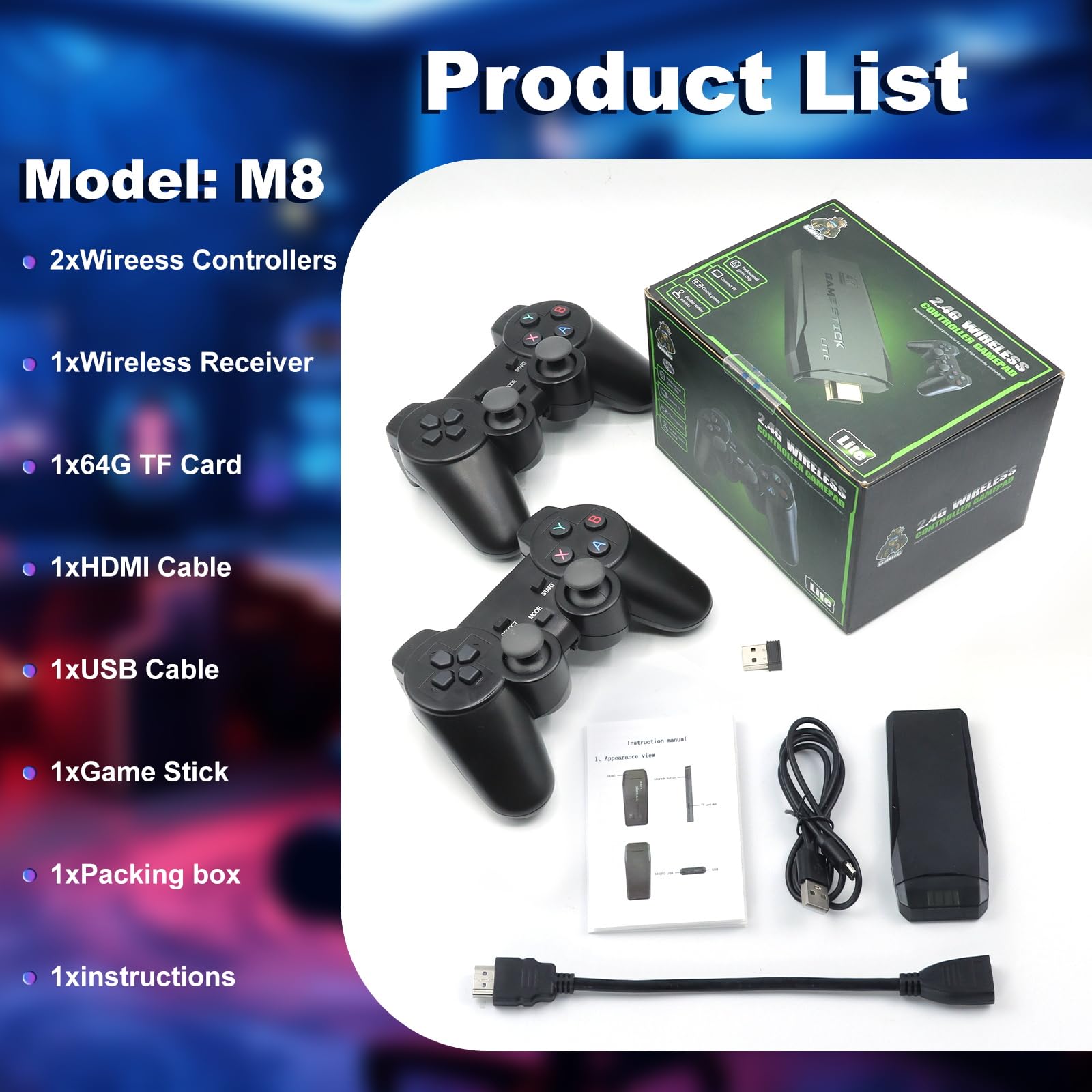 **M8 Retro Game Stick - Plug & Play Classic Gaming Console with 20,000+ Games, 9 Built-in Emulators, 4K HDMI Output, 64GB Storage & Wireless Controller - Perfect for Family Fun & Nostalgic Gaming on TV**    *(Use Case: Ideal for family entertainment, retro gaming enthusiasts, and reliving childhood memories with classic games on your modern TV.)*