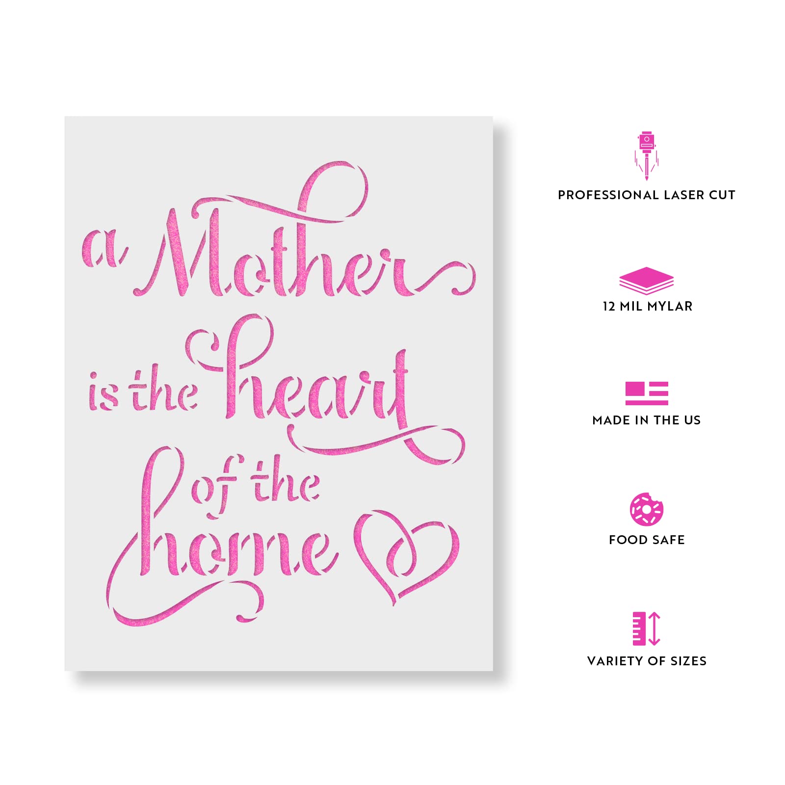 Mother is The Heart of The Home Stencil - DIY Mother's Day Gift, Family Wall Art, Home Decor Stencil for Painting, Perfect for Canvas, Wood & Furniture - Great for Mother's Day, Birthday & Housewarming Gifts