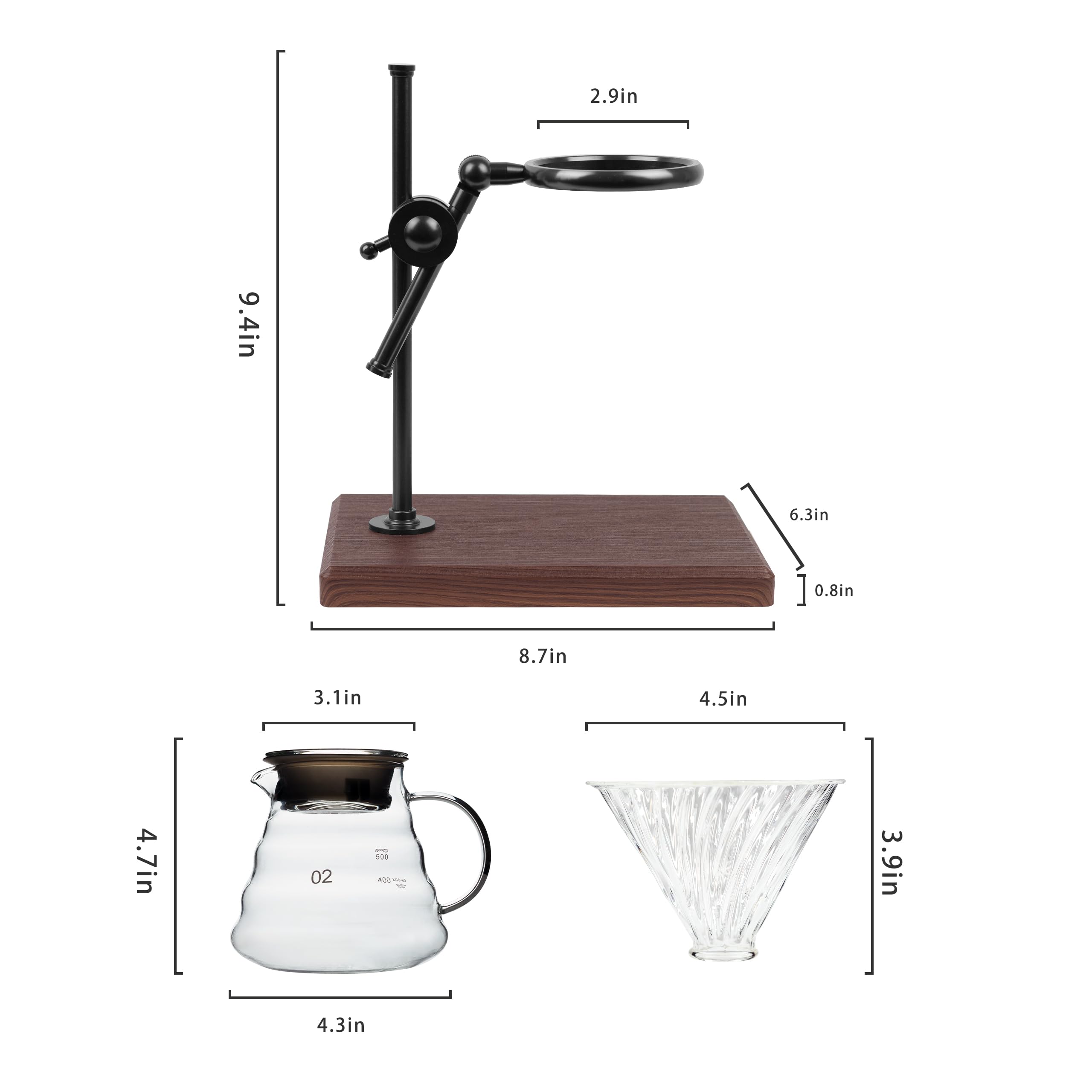 Premium Pour Over Coffee Maker Set - Stainless Steel Adjustable Stand with Wooden Base, Glass Carafe & Paper Filters - Ideal for Home Brewing, Office Use & Specialty Coffee Lovers (Black)