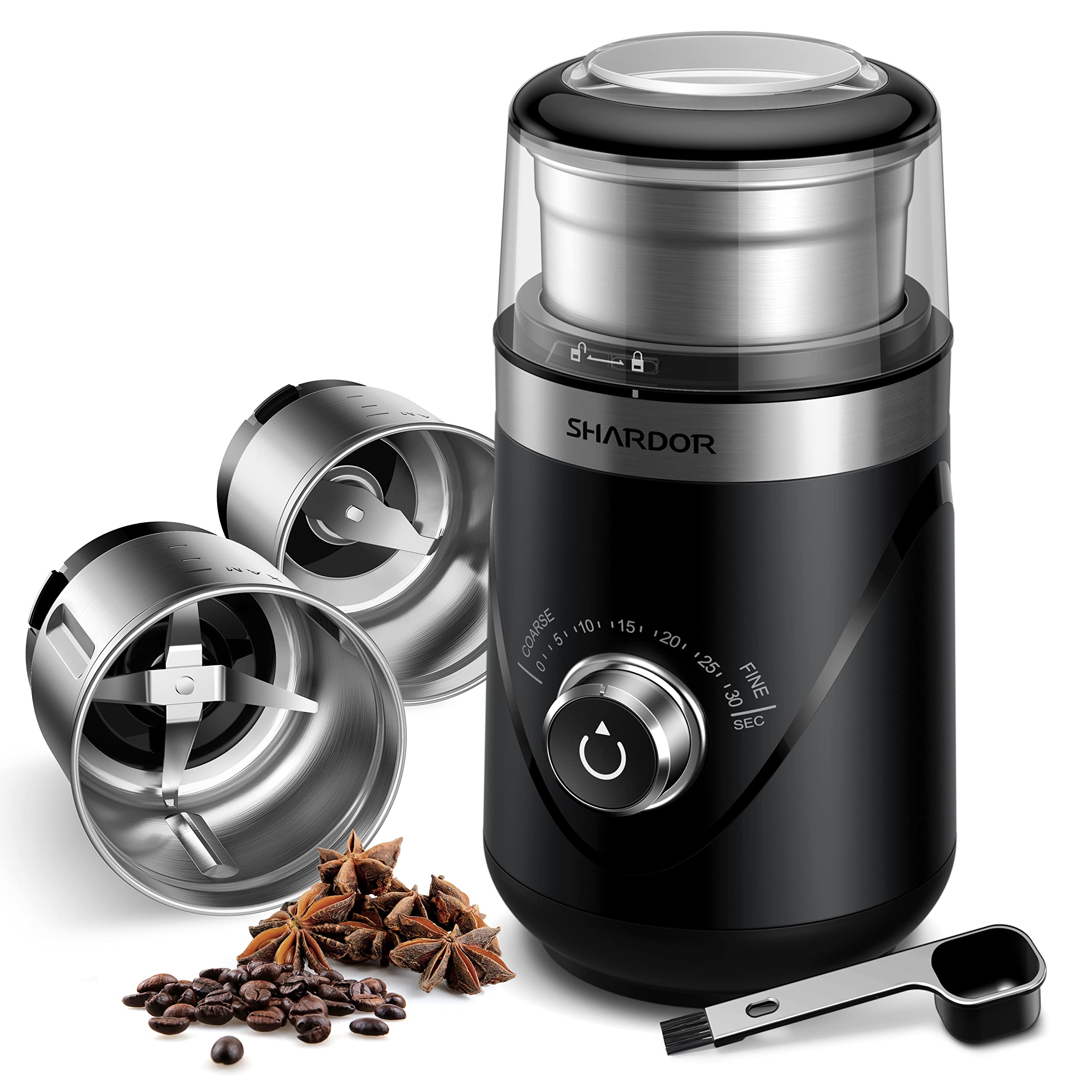 SHARDOR Electric Coffee & Spice Grinder with 2 Removable Stainless Steel Cups - Adjustable Precision Grinder for Wet & Dry Ingredients - Perfect for Coffee Beans, Pepper, Nuts, Grains & More (70g Capacity) - Ideal for Home Kitchen, Coffee Shops & Gourmet Cooking